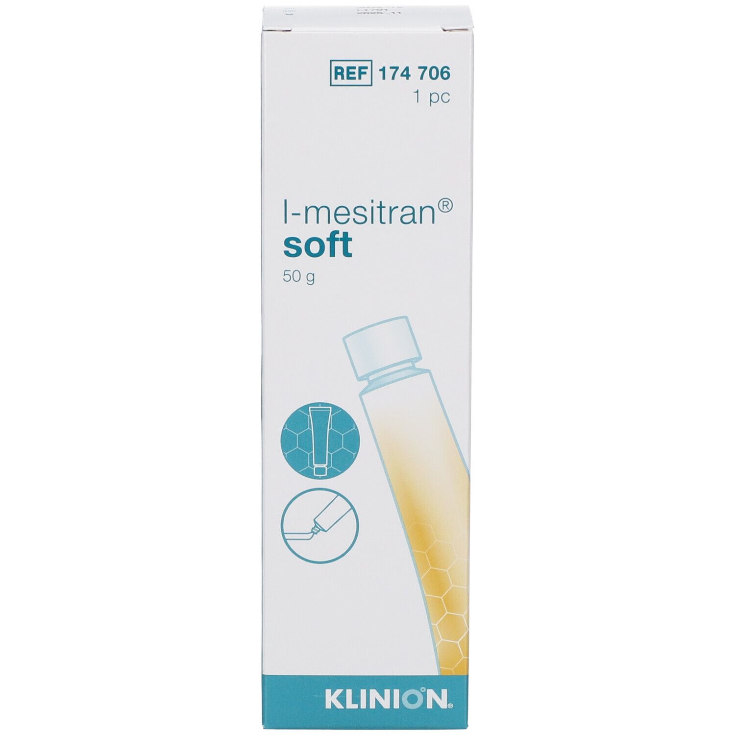 Emballage carton avec tube. Inscription : L-Mesitran Soft, 50 g, Klinion. Illustration : tube.