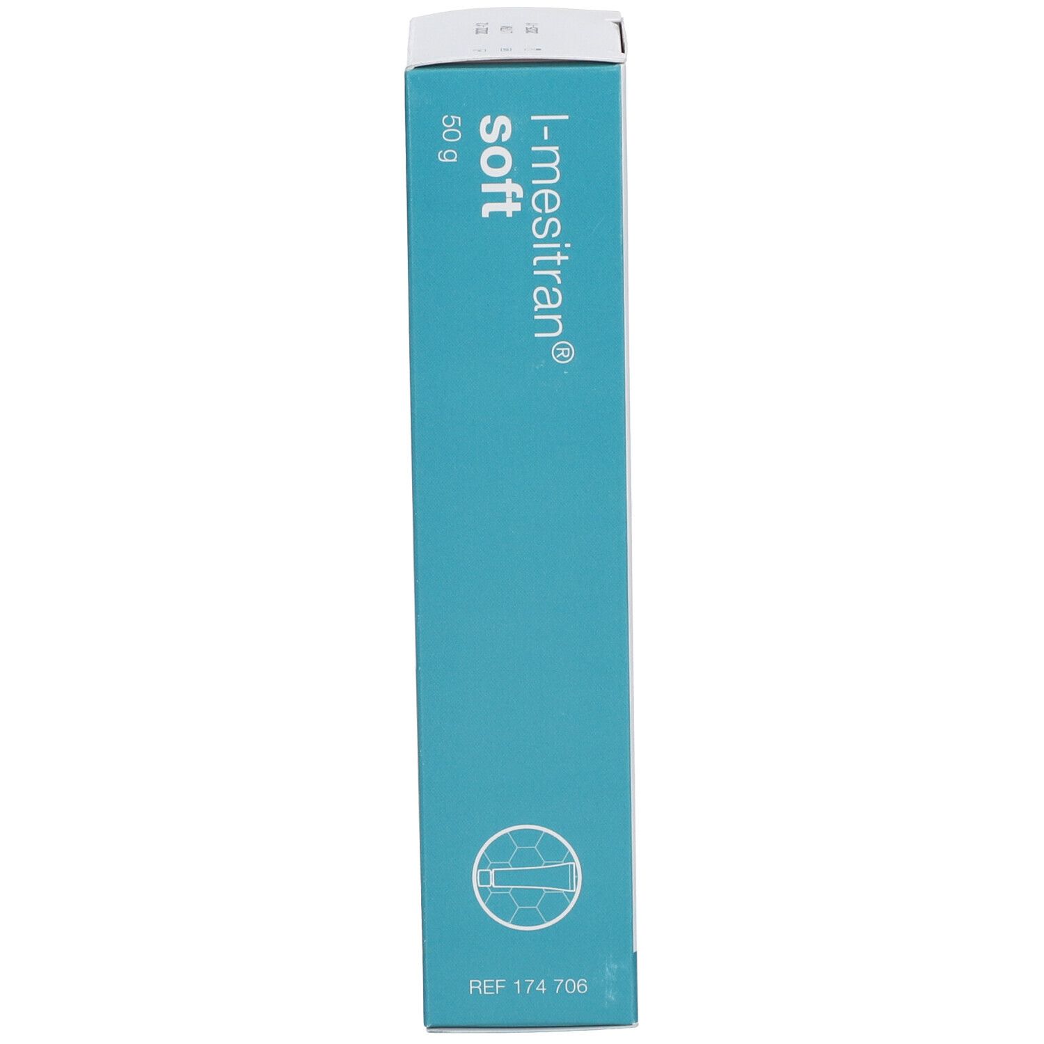 Emballage carton bleu. Inscription : L-Mesitran Soft, 50 g, REF 174 706.