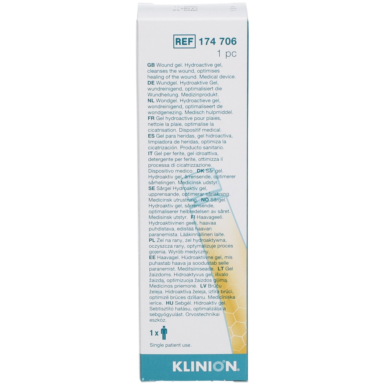 Dos de l'emballage carton. Inscription : Gel pour plaies, gel hydroactif, Klinion, REF 174 706.