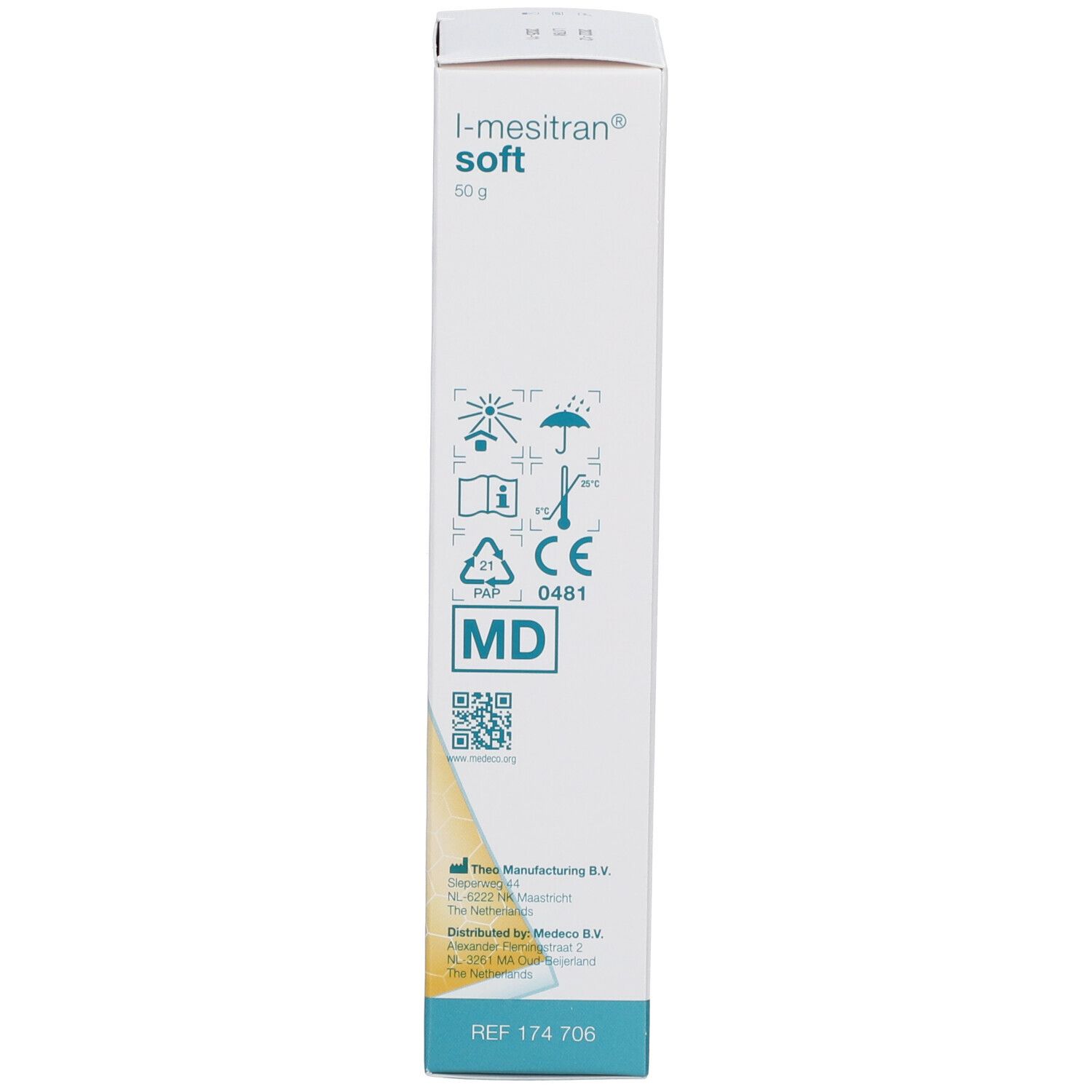 Emballage carton. Inscription : L-Mesitran Soft, 50 g, MD, REF 174 706, marquage CE.
