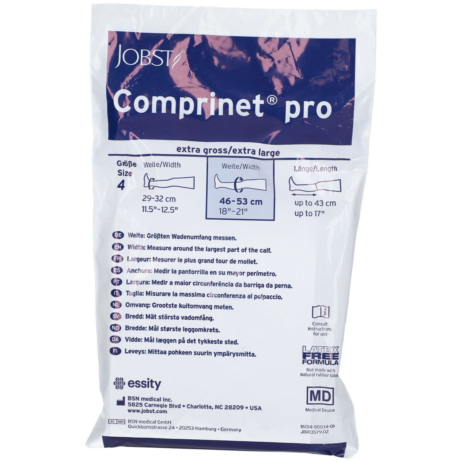 Verpakking van Comprinet Pro Chausette du Genou Embolie, maat 4. Bevat maten en instructies.