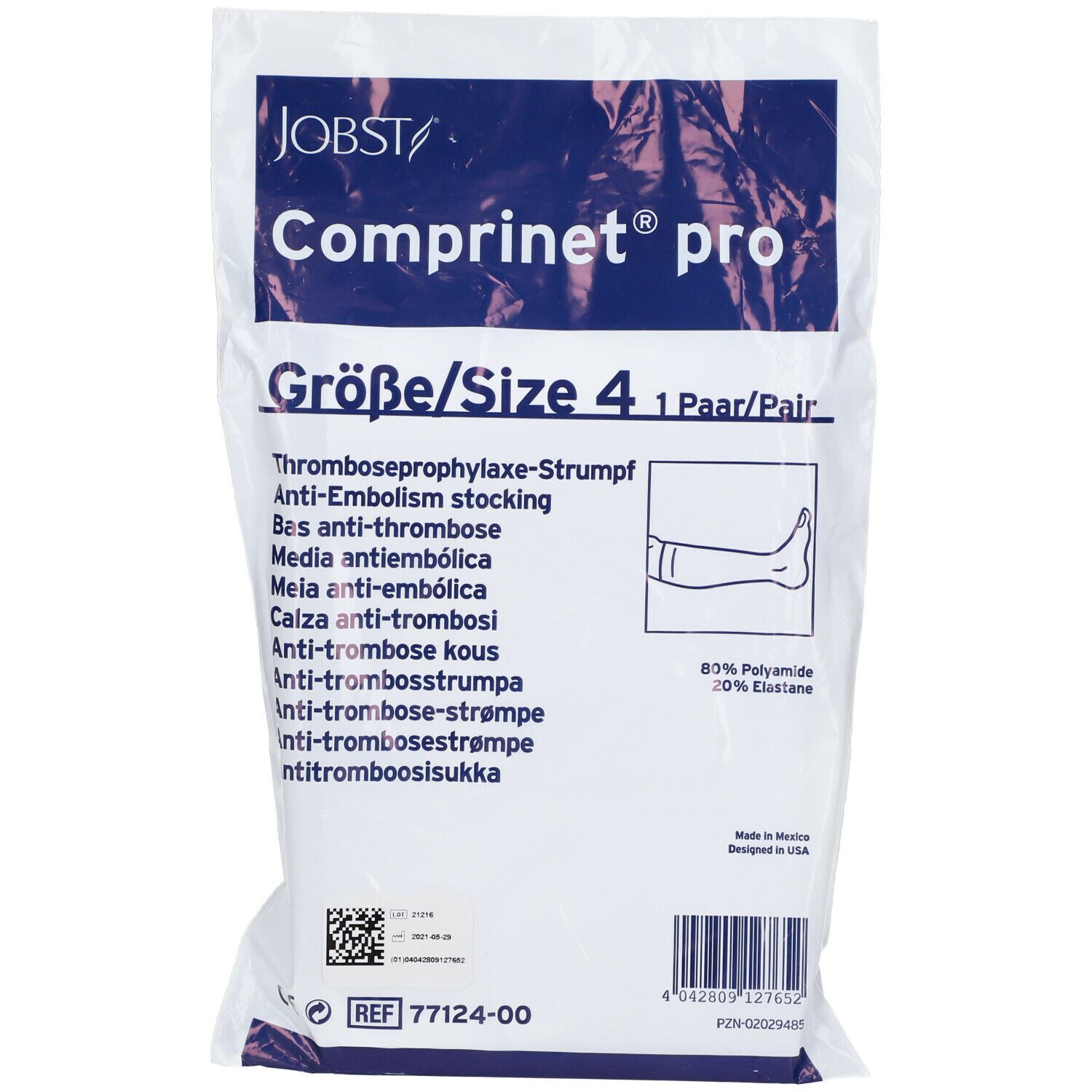 Verpakking van Komprinet Pro Chausette du Genou Embolie, maat 4. Bevat informatie over tromboseprofylaxe.