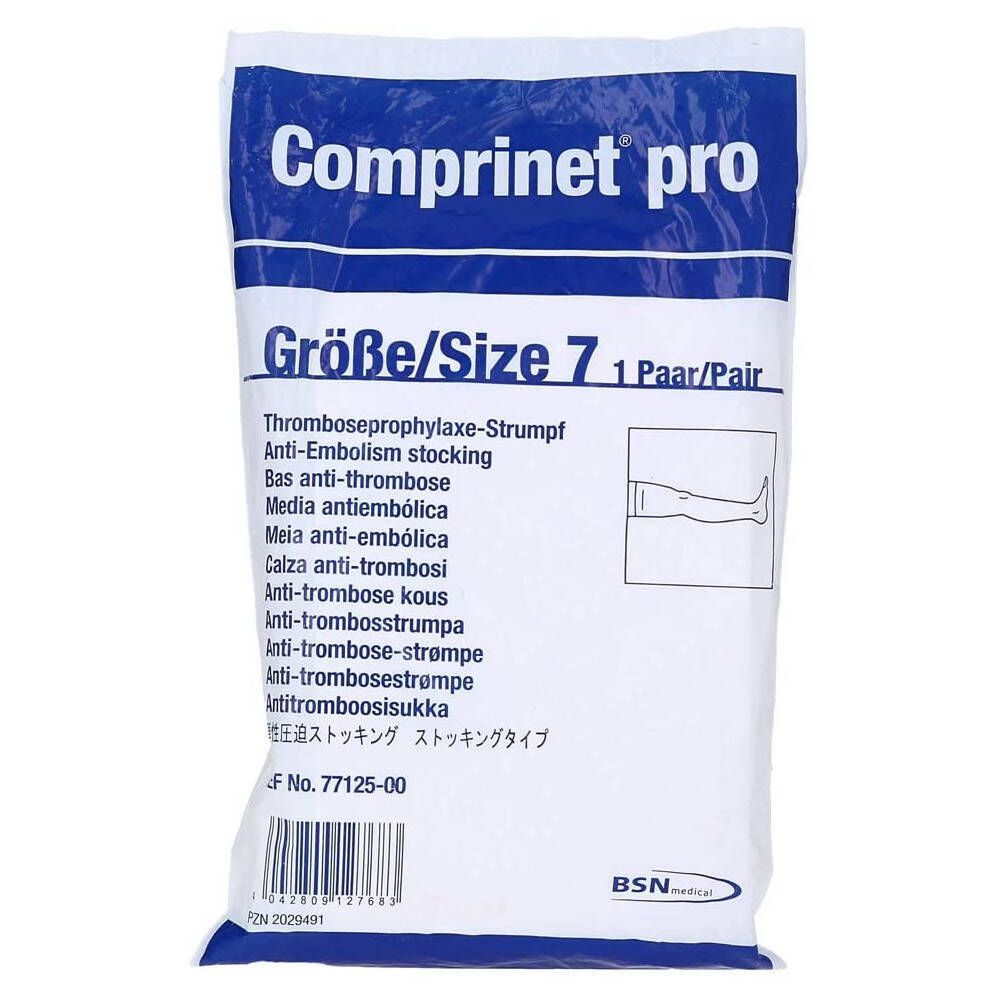 Verpakking met compressiekousen. Opschrift: Comprinet pro, Maat 7, anti-emboliekous. BSN medical logo.