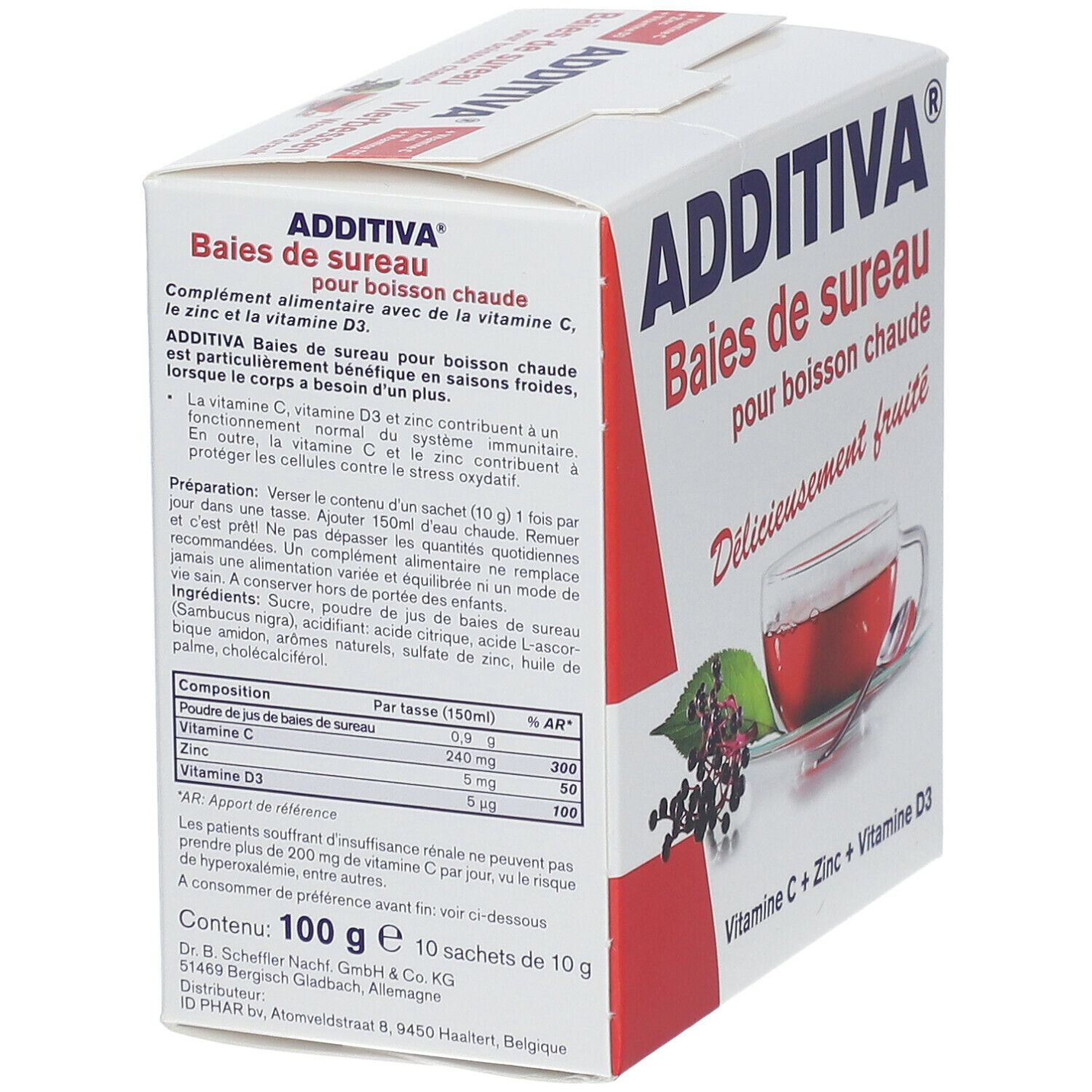 Witte doos met productinformatie. ADDITIVA-logo en productnaam. Bevat vitamine C, zink en vitamine D3. Verpakking van 100g.