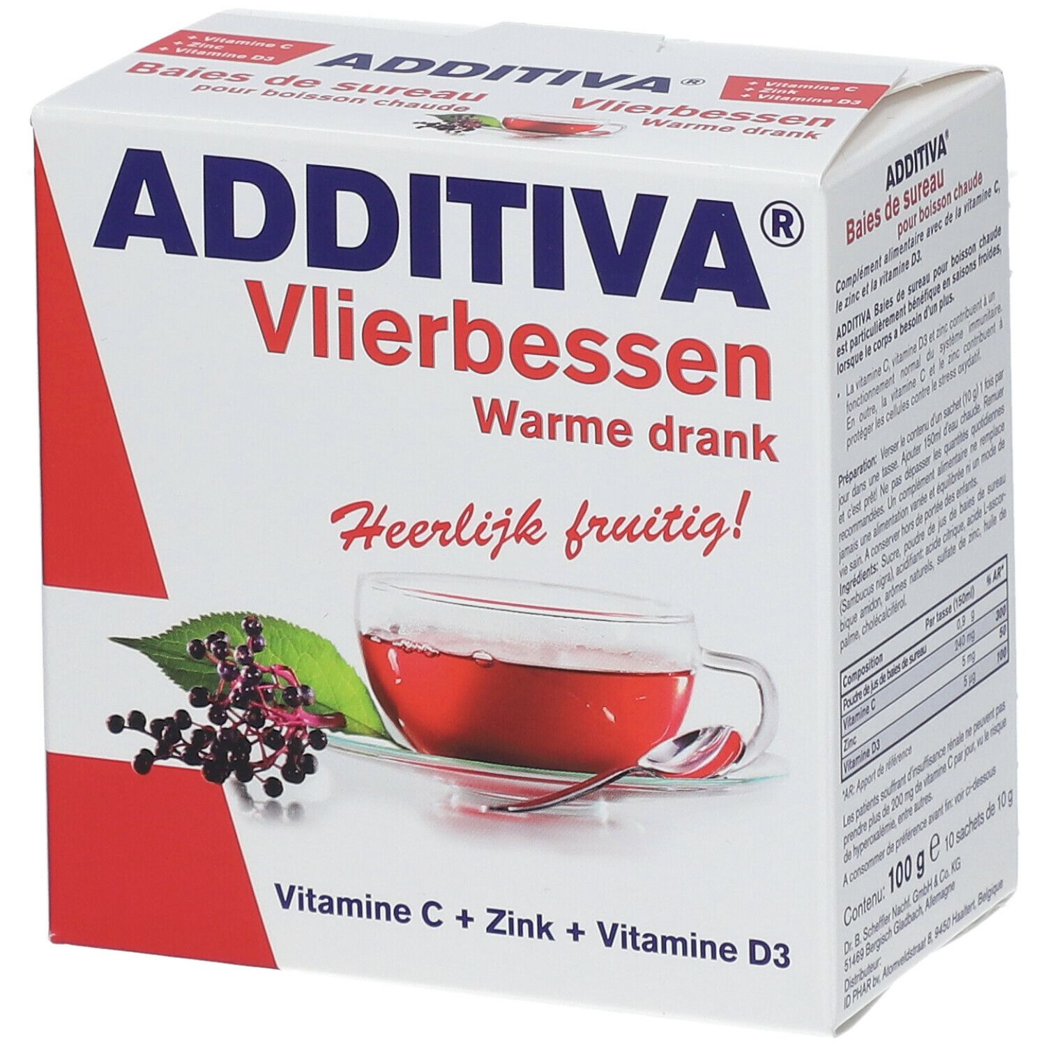 Witte doos met ADDITIVA-logo en productnaam. Afbeelding van een kopje thee met vlierbessen. Bevat vitamine C, zink en vitamine D3.