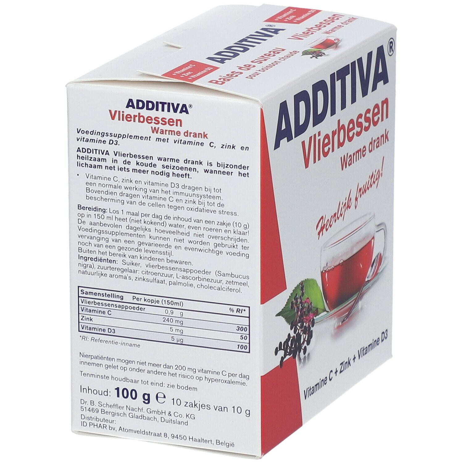 Witte doos met productinformatie. ADDITIVA-logo en productnaam. Bevat vitamine C, zink en vitamine D3. Verpakking van 100g.