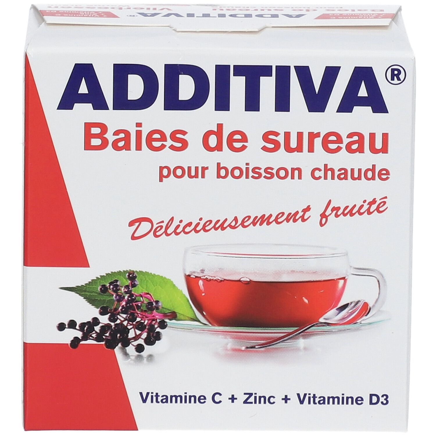 Witte doos met ADDITIVA-logo en productnaam. Afbeelding van een kopje thee met vlierbessen. Bevat vitamine C, zink en vitamine D3.