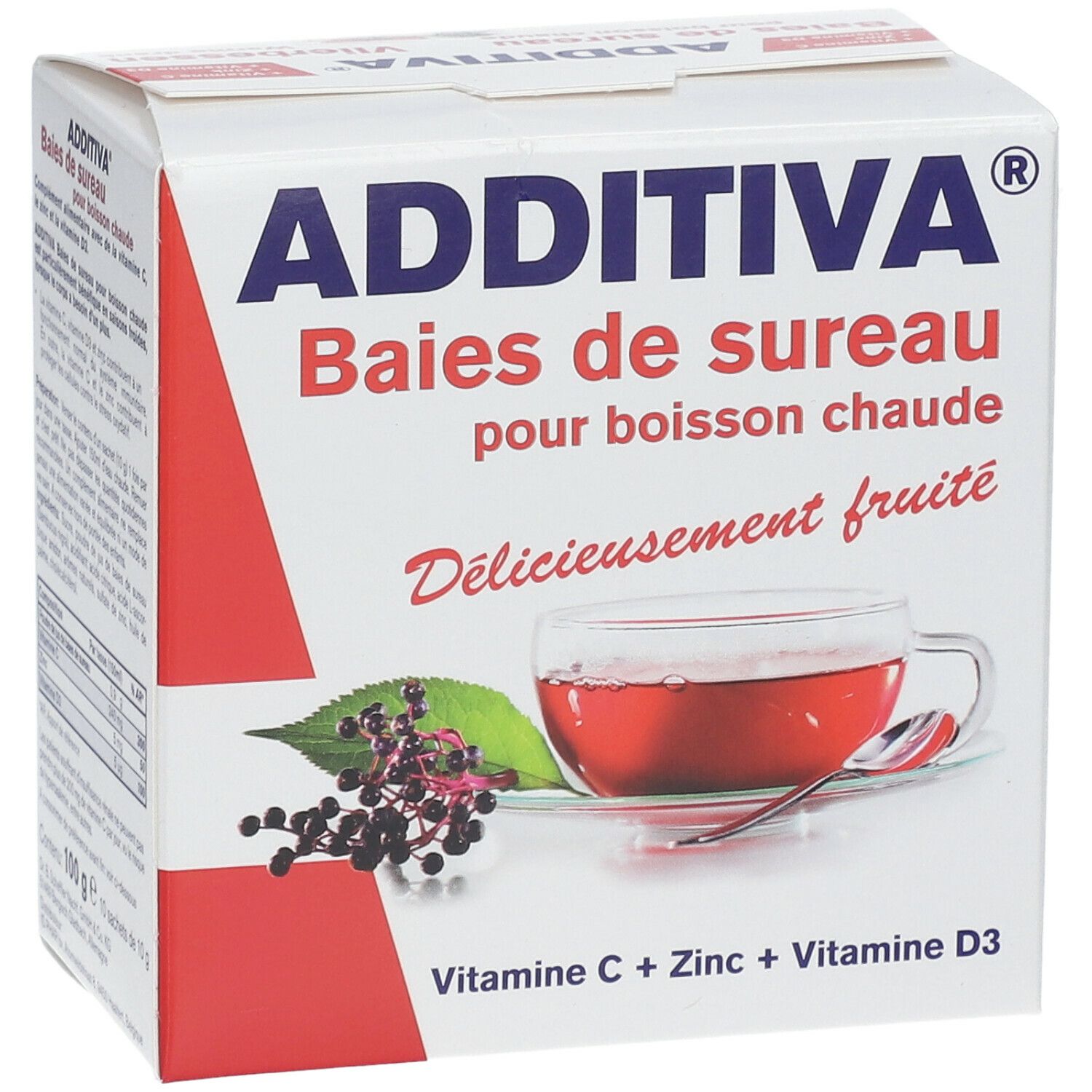 Witte doos met ADDITIVA-logo en productnaam. Afbeelding van een kopje thee met vlierbessen. Bevat vitamine C, zink en vitamine D3.