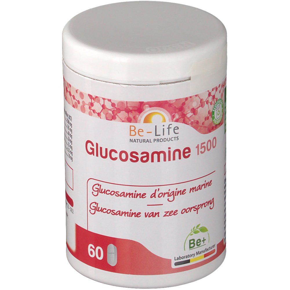 Boîte blanche avec texte rouge et blanc. Inscription: Be-Life Glucosamine 1500. Contient 60 gélules.