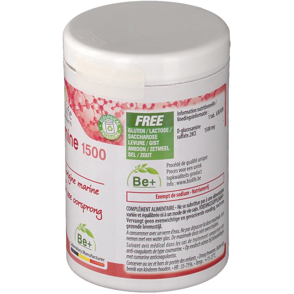 Dos de la boîte blanche. Texte: Be-Life Glucosamine 1500. Contient des informations sur les ingrédients et la valeur nutritionnelle.