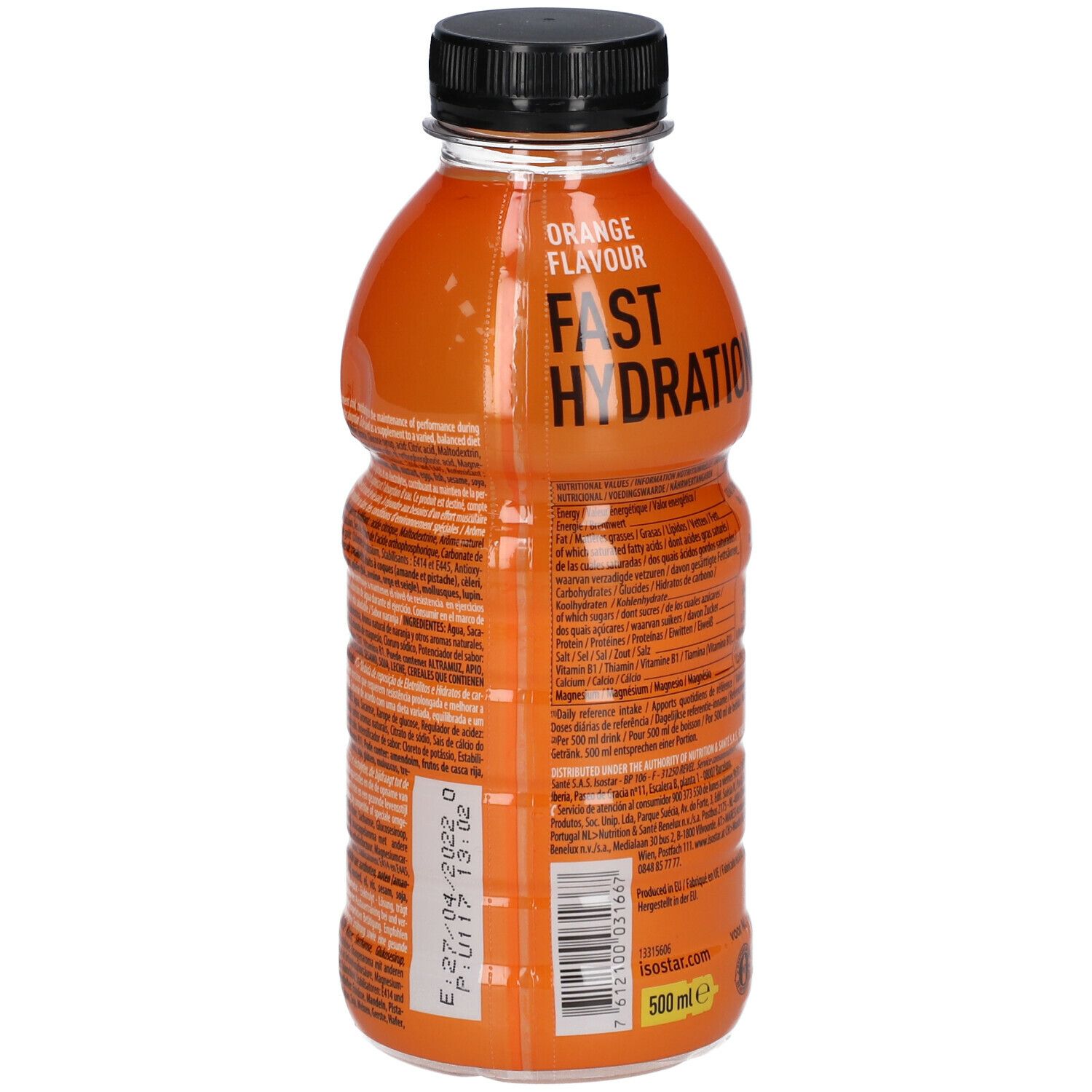 Dos de la bouteille Isostar Fast Hydration Orange. Texte avec ingrédients et informations nutritionnelles. Date de péremption et indication du volume.