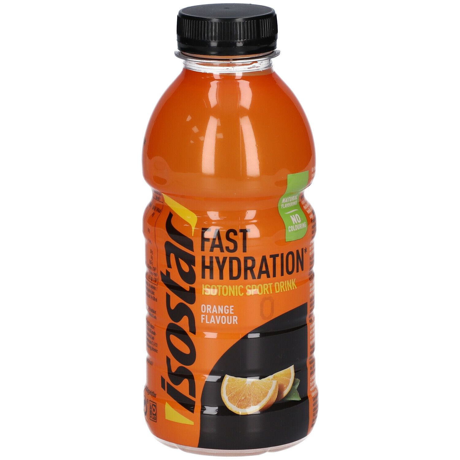 Isostar Fast Hydration Orange. Boisson orange en bouteille avec bouchon noir. Inscription : Isotonic Sport Drink, Orange Flavour.