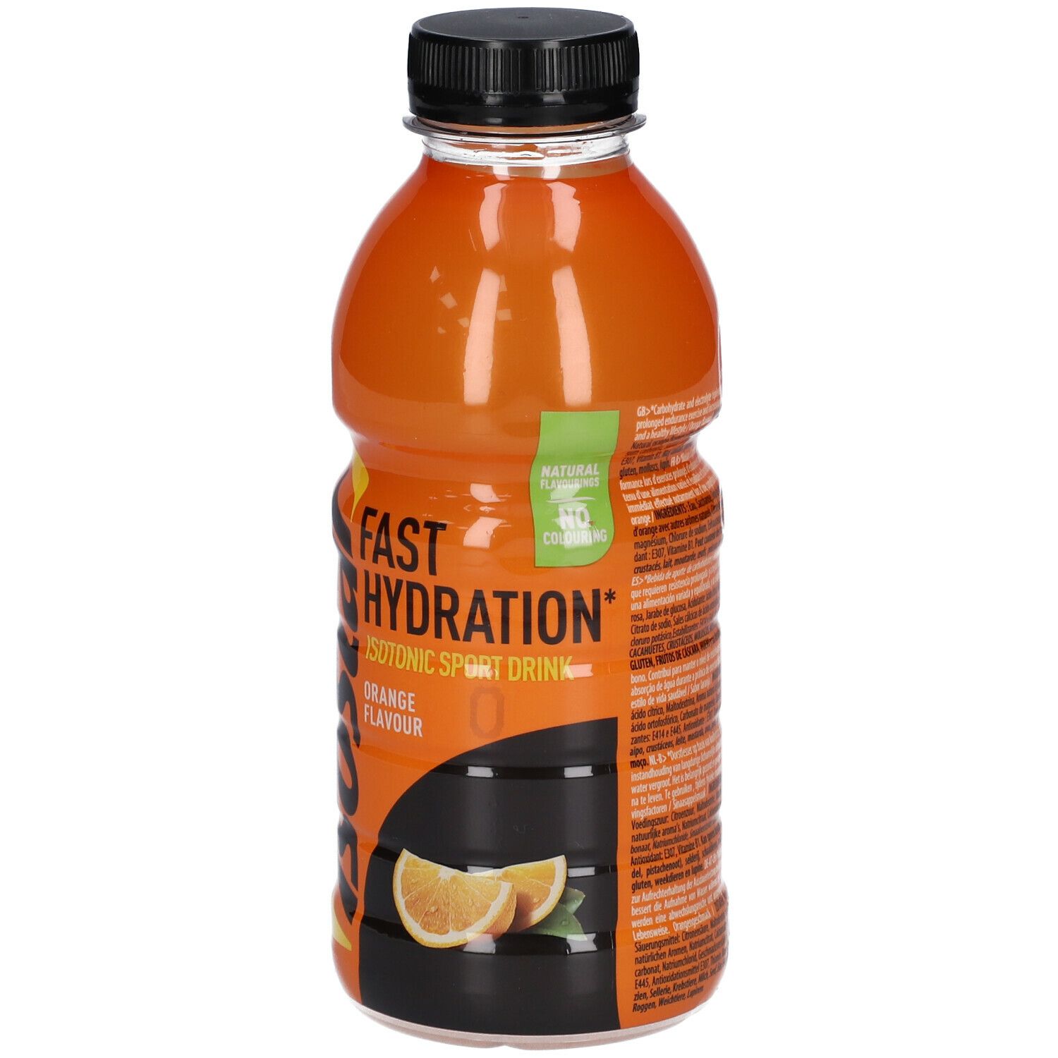 Isostar Fast Hydration Orange. Boisson orange en bouteille avec bouchon noir. Inscription : Isotonic Sport Drink, Orange Flavour.