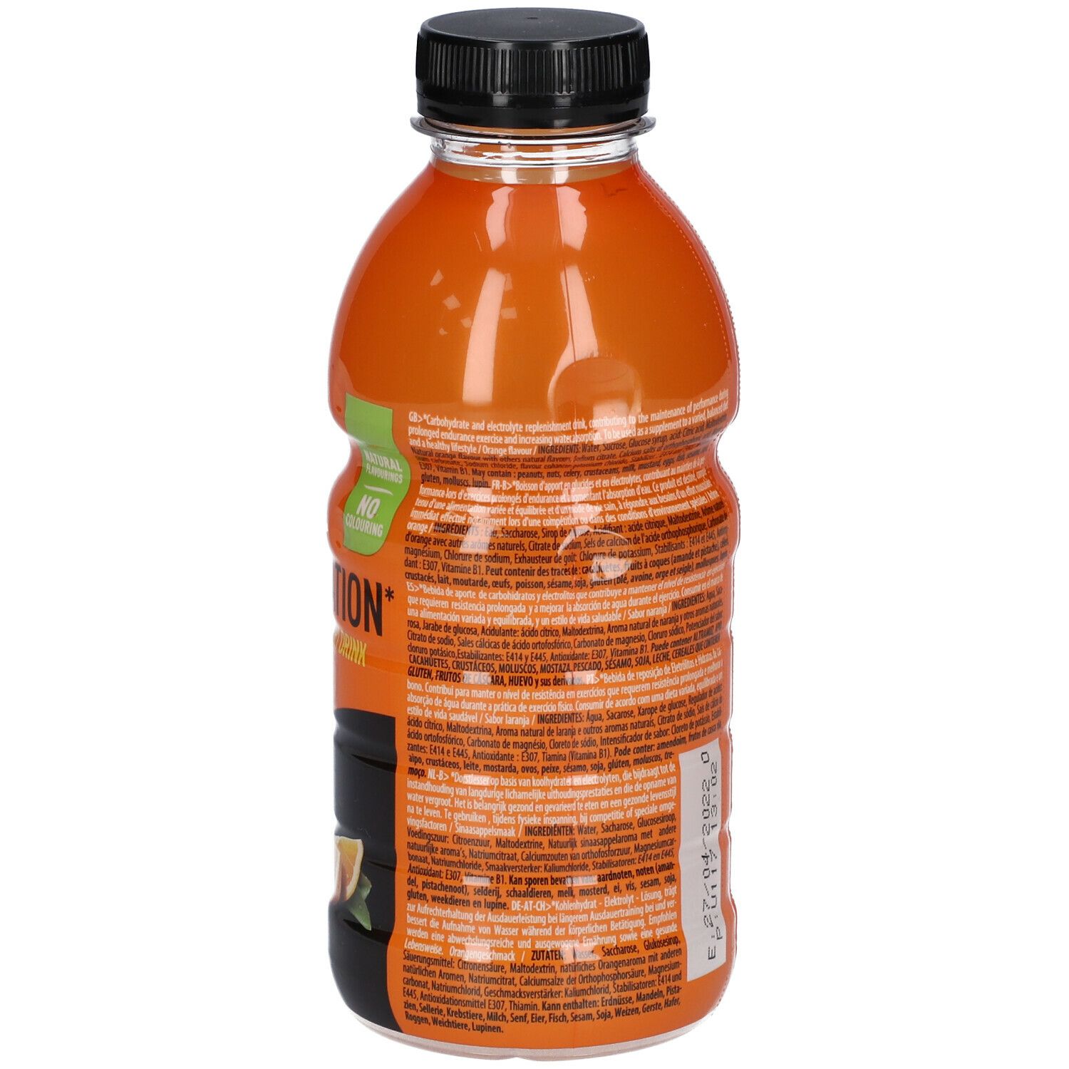 Dos de la bouteille Isostar Fast Hydration Orange. Texte avec ingrédients et informations nutritionnelles. Date de péremption et indication du volume.