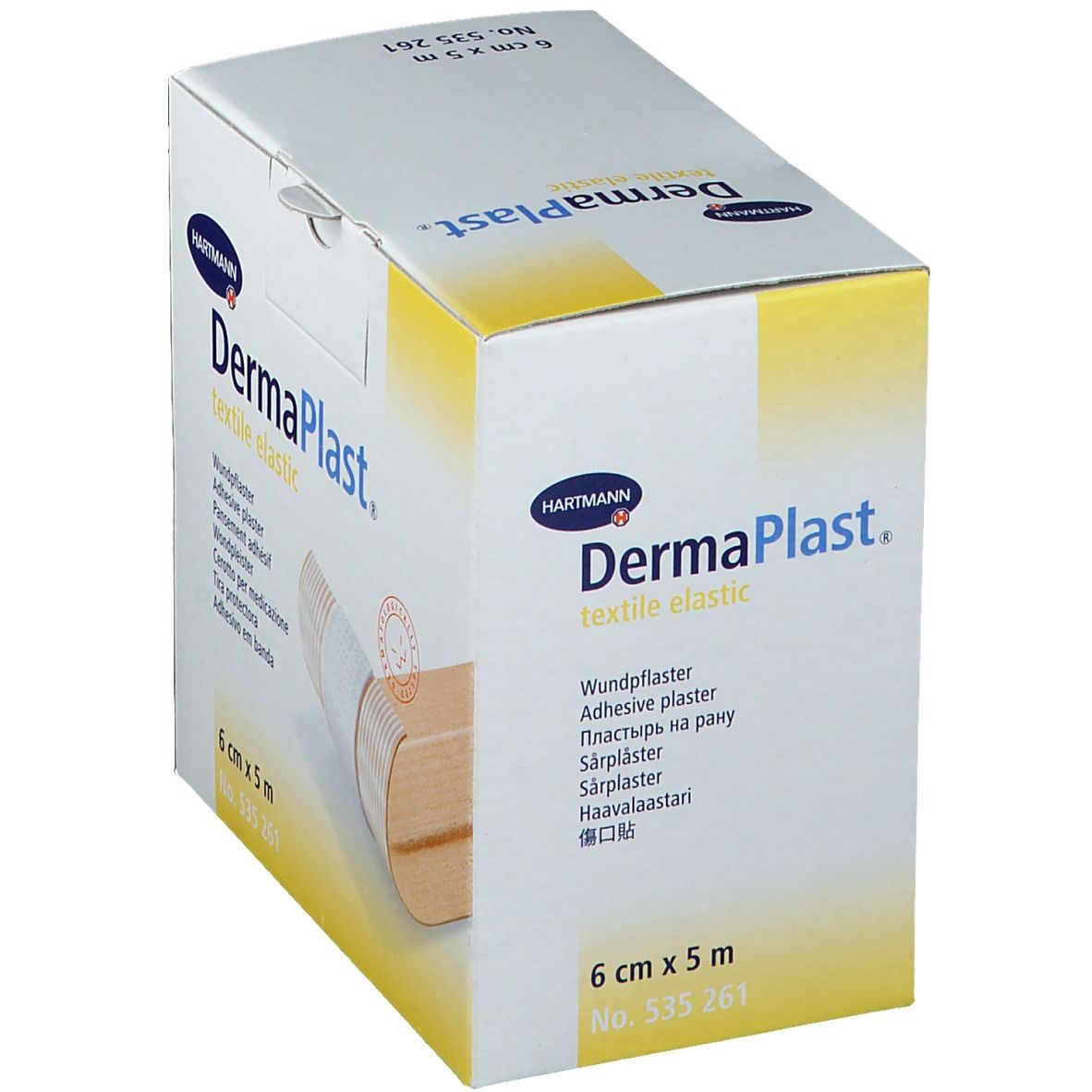 DermaPlast textiel elastisch, 6 cm x 5 m, in een witte doos. Opschriften: merk, productnaam, maat, artikelnummer.