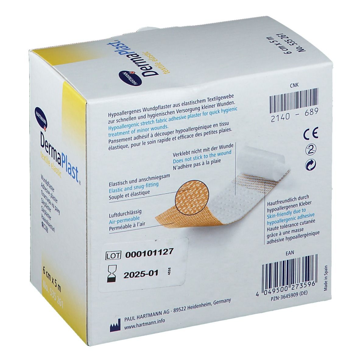 Witte doos met DermaPlast textiel elastisch. Opschriften: productnaam, maat, artikelnummer, informatie, certificeringen.