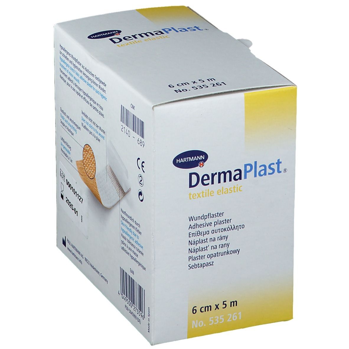 Witte doos met DermaPlast textiel elastisch. Opschriften: productnaam, maat, artikelnummer, informatie, certificeringen.