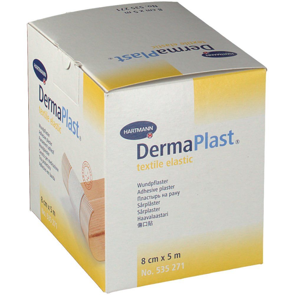 Boîte de DermaPlast® textile elastic. 8 cm x 5 m. Inscriptions: Hartmann, pansement adhésif, 535 271.
