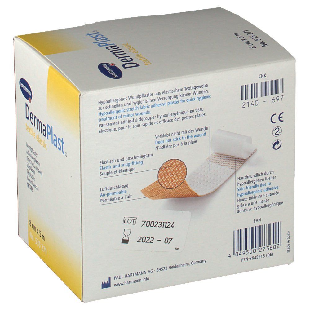 Boîte de DermaPlast® textile elastic. 8 cm x 5 m. Exemple de produit visible. Inscriptions: Hartmann, marquage CE.