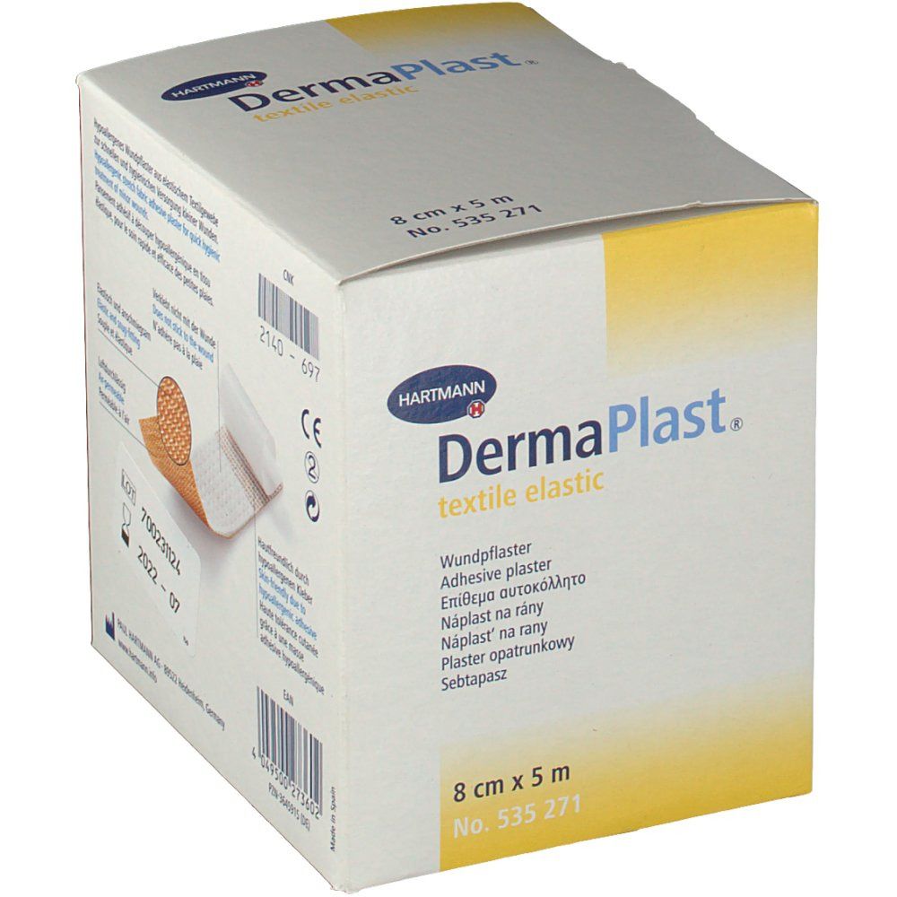 Boîte de DermaPlast® textile elastic. 8 cm x 5 m. Exemple de produit visible. Inscriptions: Hartmann, marquage CE.