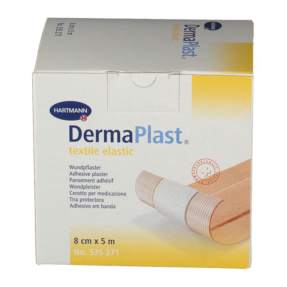 Boîte de DermaPlast® textile elastic. 8 cm x 5 m. Exemple de produit visible. Inscriptions: Hartmann, marquage CE.