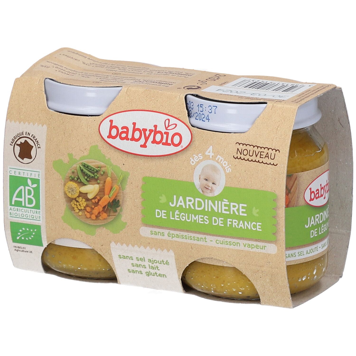 Boîte en carton avec pots de purée de légumes. Label AB. Inscription: Jardinère de légumes de France.