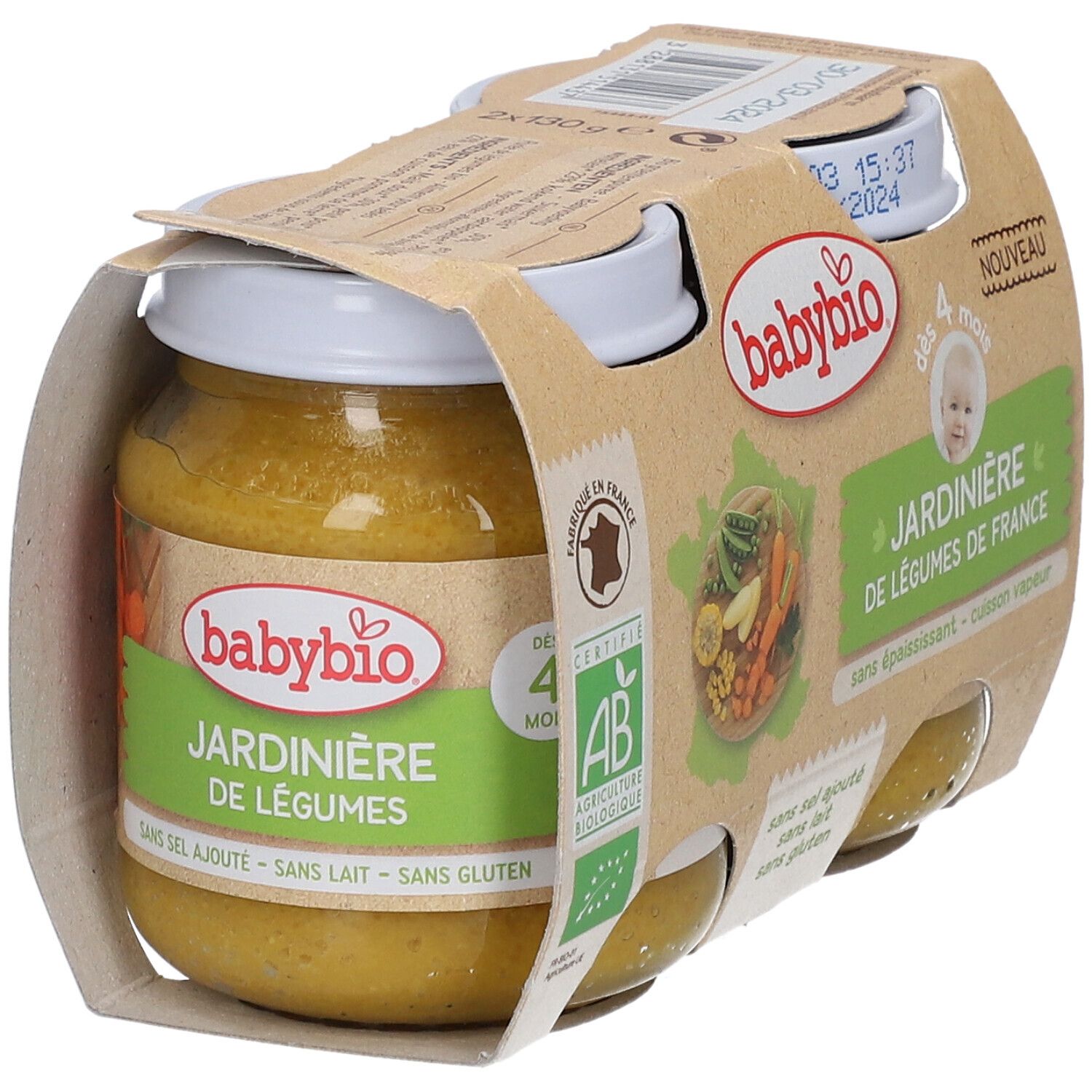 Emballage carton avec pots de purée de légumes. Label AB. Inscription: Jardinère de légumes de France.