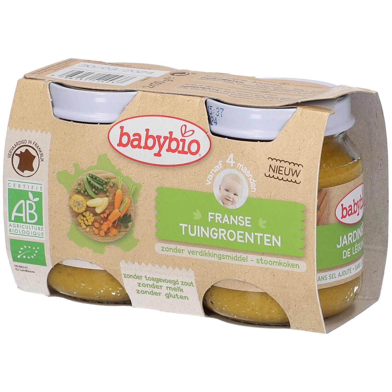 Emballage carton avec pots de purée de légumes. Label AB. Inscription: Franse Tuingroenten.