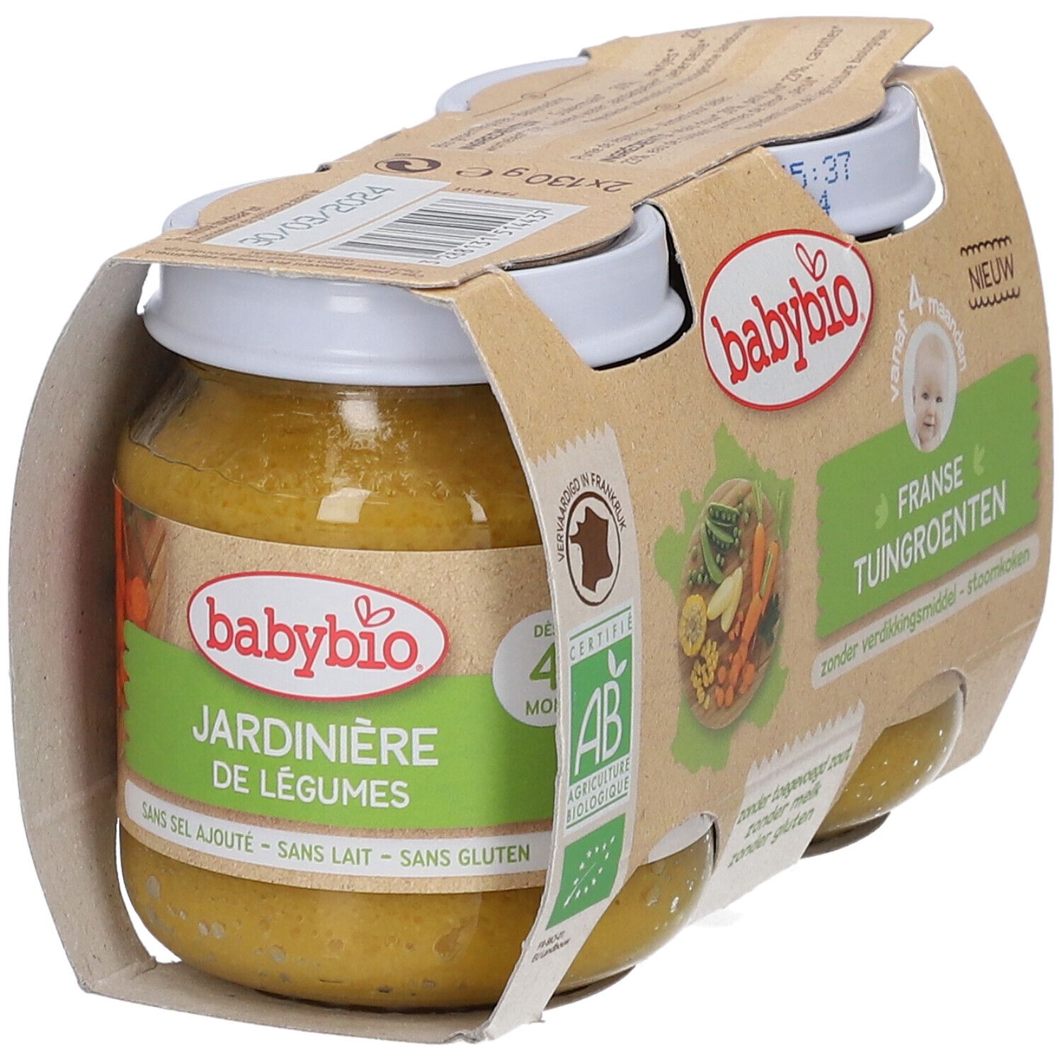 Emballage carton avec pots de purée de légumes. Label AB. Inscription: Franse Tuingroenten.