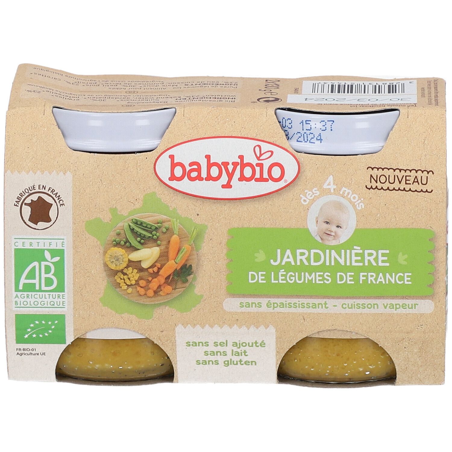 Emballage carton avec pots de purée de légumes. Label AB. Inscription: Jardinère de légumes de France.