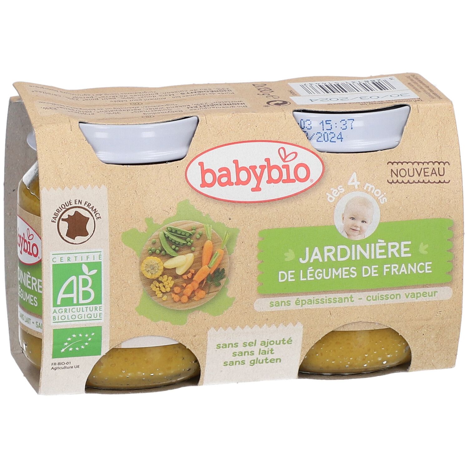 Emballage carton avec pots de purée de légumes. Label AB. Inscription: Jardinère de légumes de France.