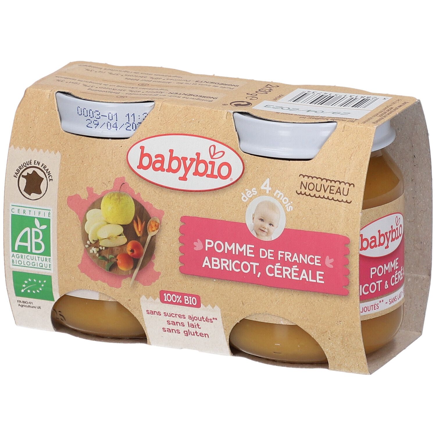 Pack de 4 pots Babybio. Inscription: Pomme de France, Abricot, Céréale. Label AB bio. Dès 4 mois.