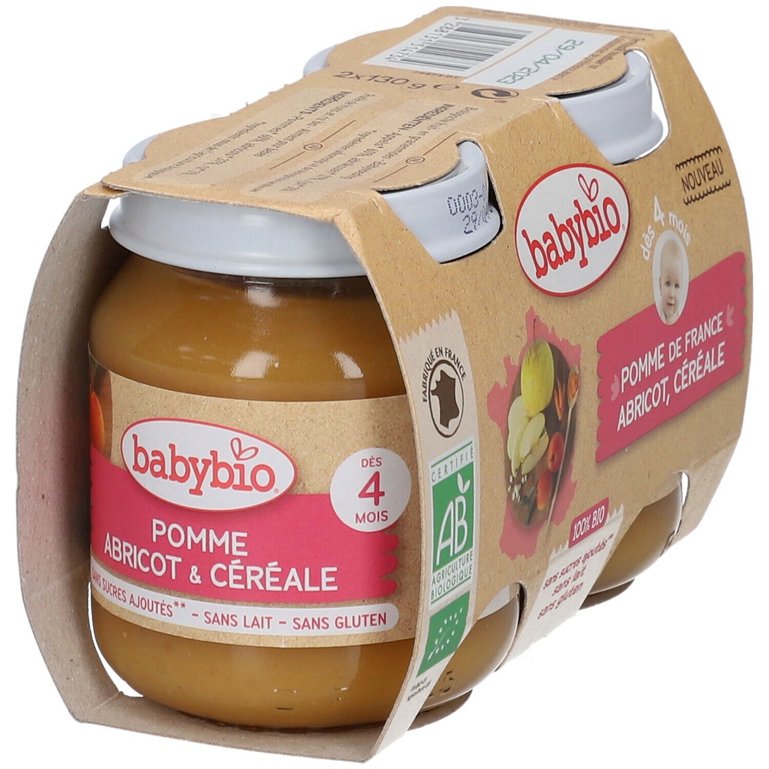 Pots Babybio en pack. Inscription: Pomme de France, Abricot, Céréale. Label AB bio. Dès 4 mois.