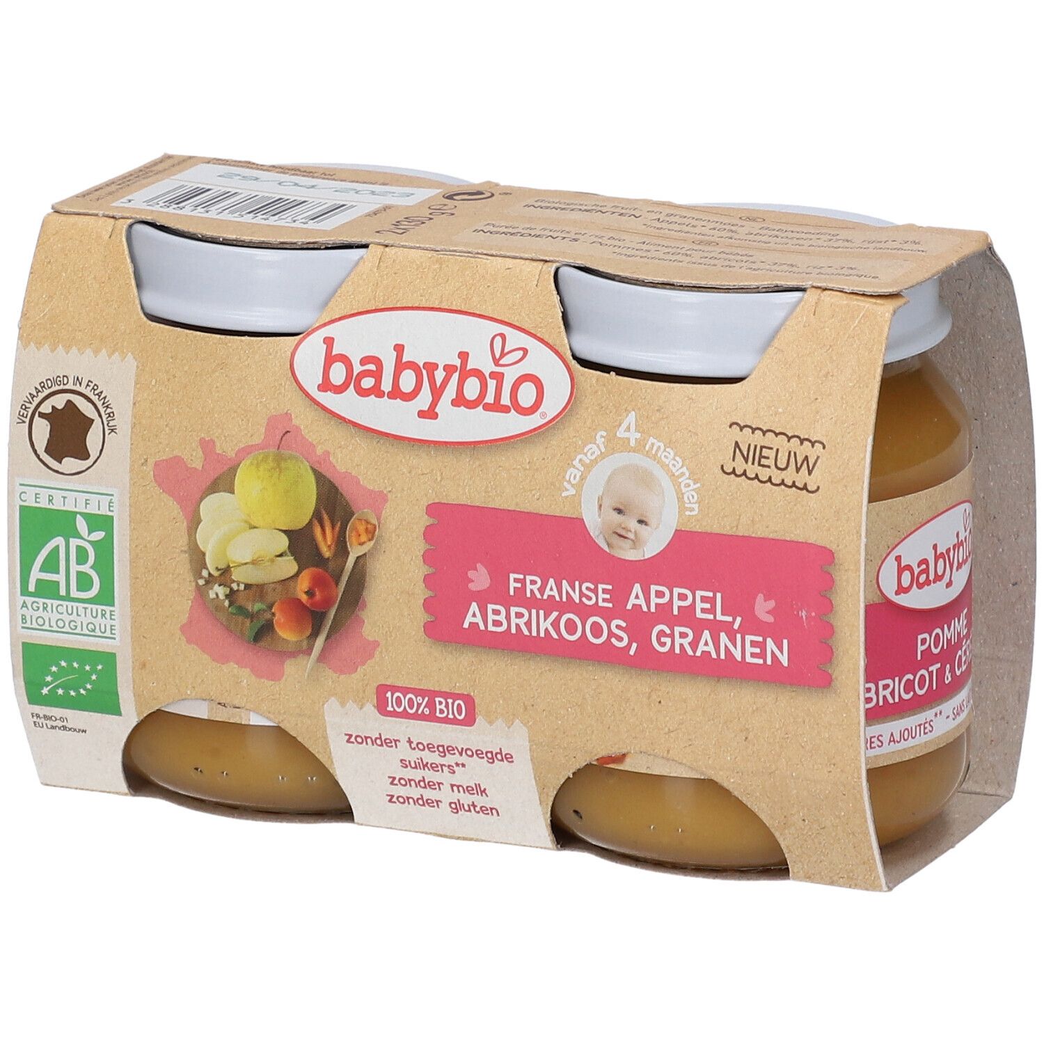 Pack de 4 pots Babybio. Inscription: Franse Appel, Abrikoos, Granen. Label AB bio. Dès 4 mois.