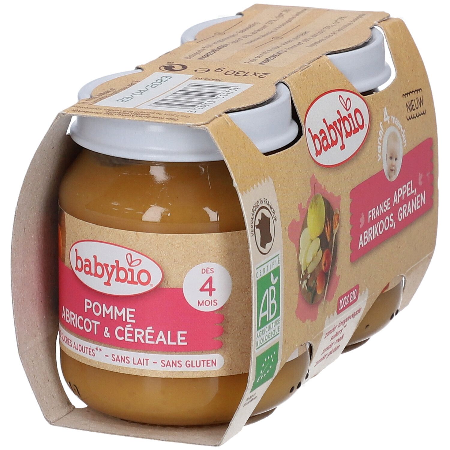 Pots Babybio en pack. Inscription: Franse Appel, Abrikoos, Granen. Label AB bio. Dès 4 mois.