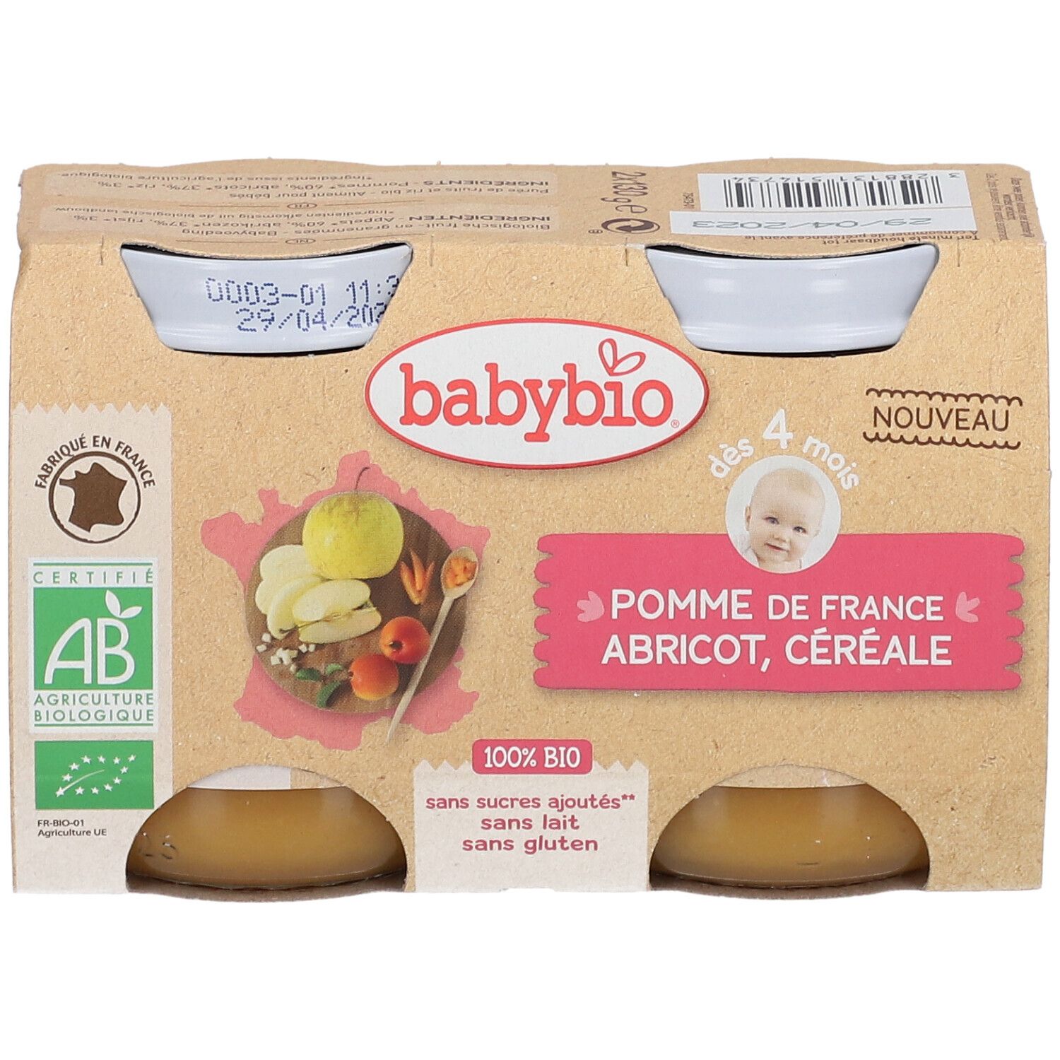 Pack de 2 pots Babybio. Inscription: Pomme de France, Abricot, Céréale. Label AB bio. Dès 4 mois.