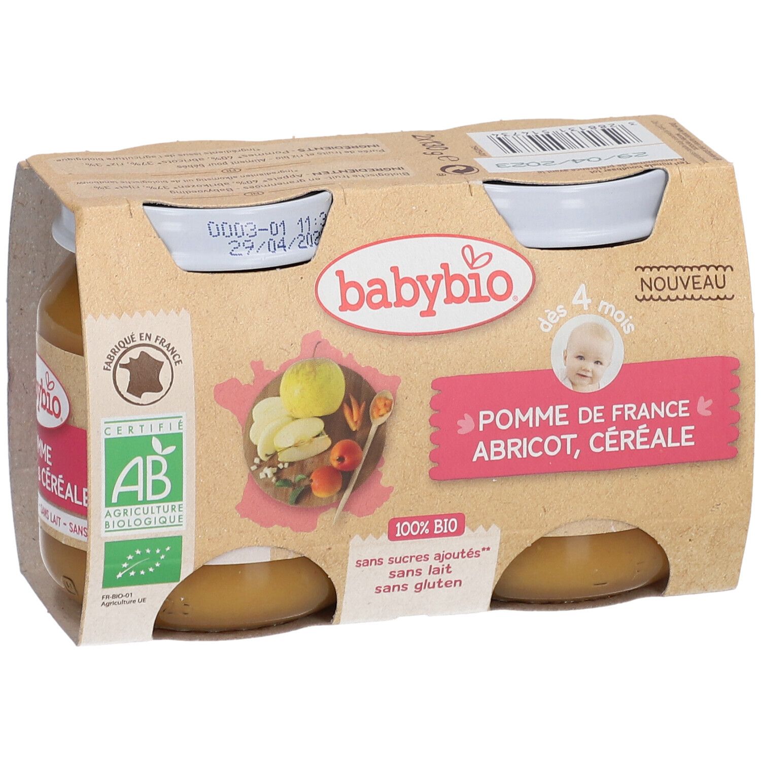 Pack de 2 pots Babybio. Inscription: Pomme de France, Abricot, Céréale. Label AB bio. Dès 4 mois.