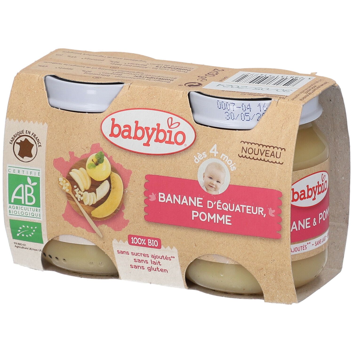 Babybio, banaan appel, 4 maanden. Verpakking met 4 potjes. AB bio label. Opschrift: 100% BIO. Zonder toegevoegde suikers, zonder melk, zonder gluten.
