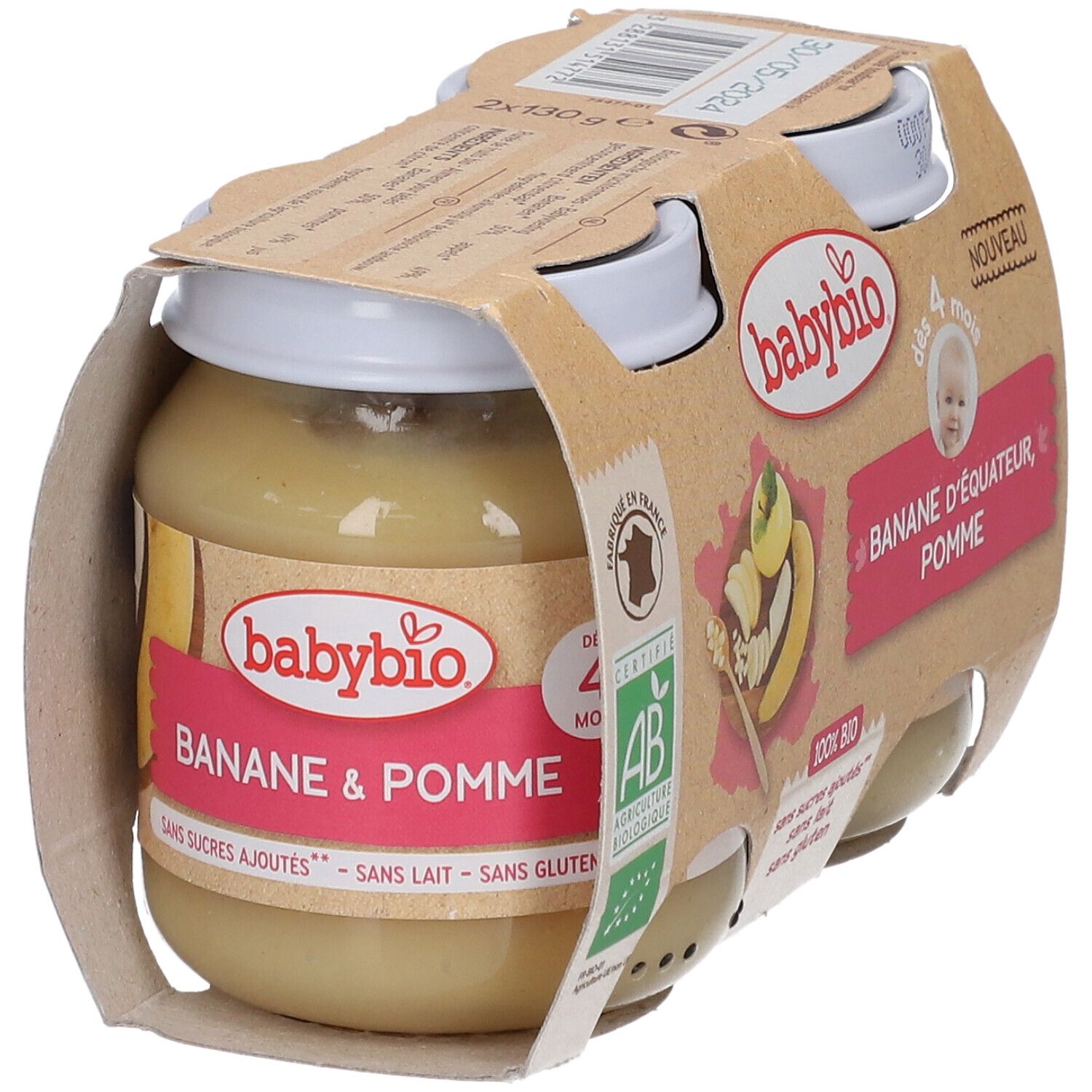 Babybio, banaan appel, 4 maanden. Verpakking met 2 potjes. AB bio label. Opschrift: 100% BIO. Zonder toegevoegde suikers, zonder melk, zonder gluten.