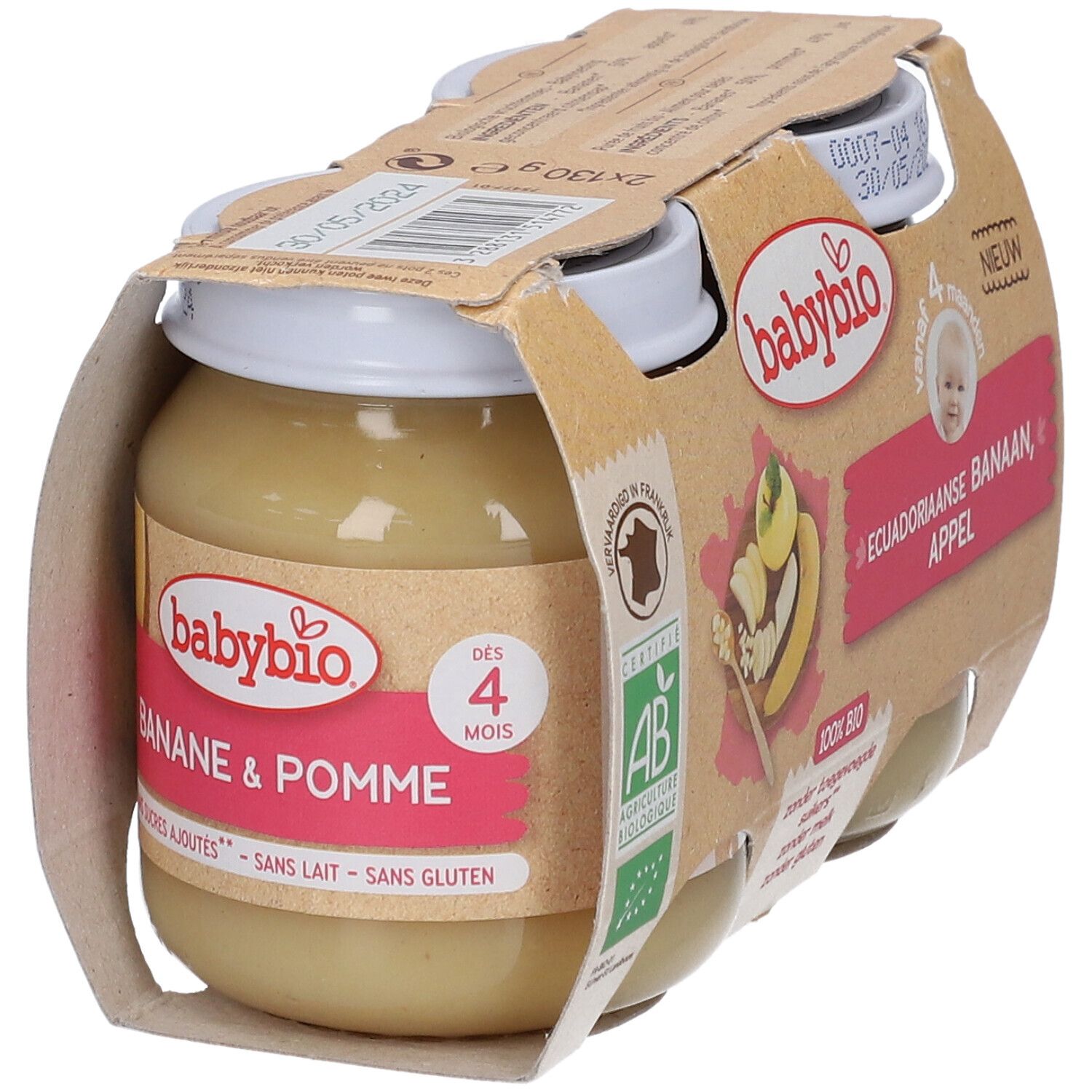 Babybio, banaan appel, 4 maanden. Verpakking met 2 potjes. AB bio label. Opschrift: 100% BIO. Zonder toegevoegde suikers, zonder melk, zonder gluten.