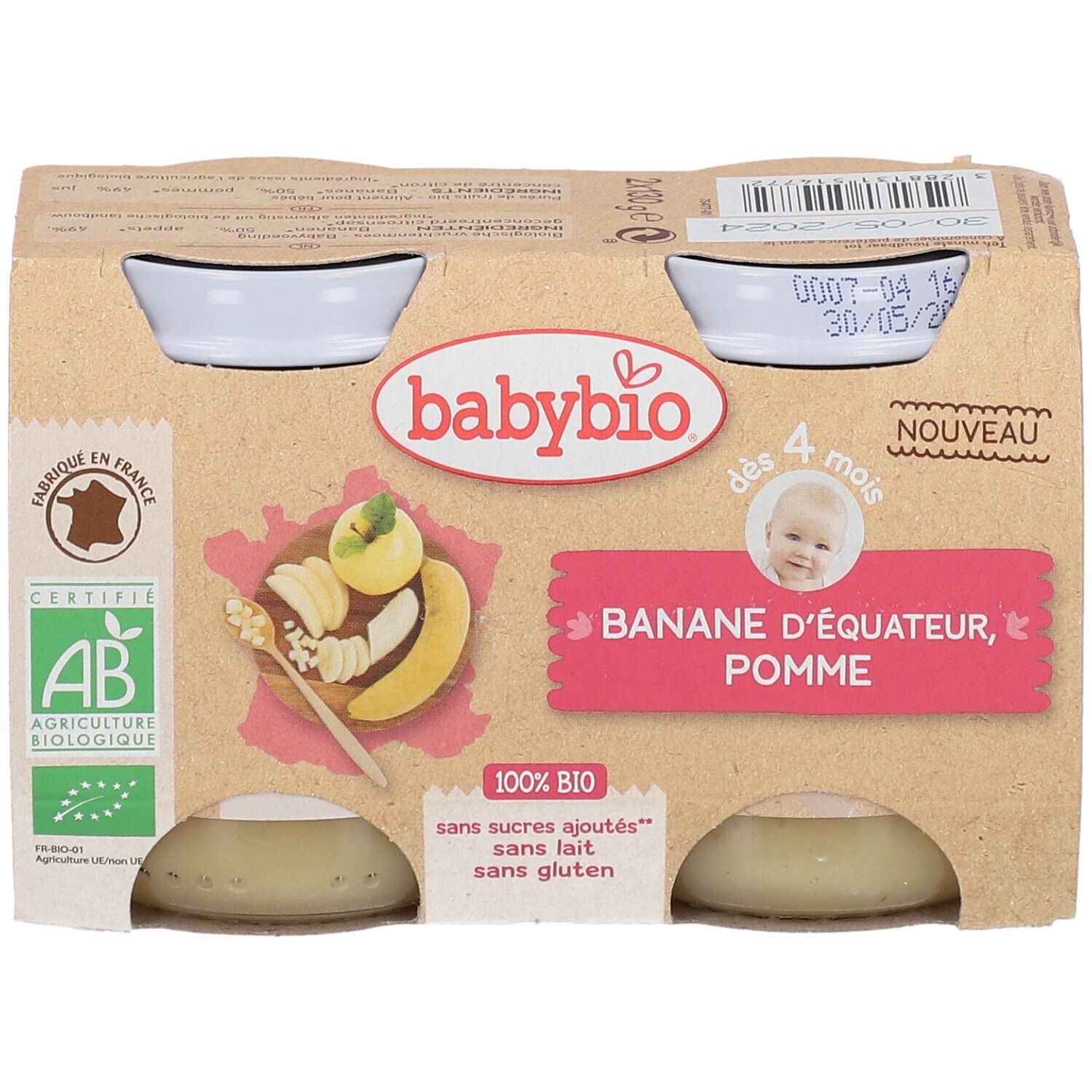 Babybio, banaan appel, 4 maanden. Verpakking met 2 potjes. AB bio label. Opschrift: 100% BIO. Zonder toegevoegde suikers, zonder melk, zonder gluten.