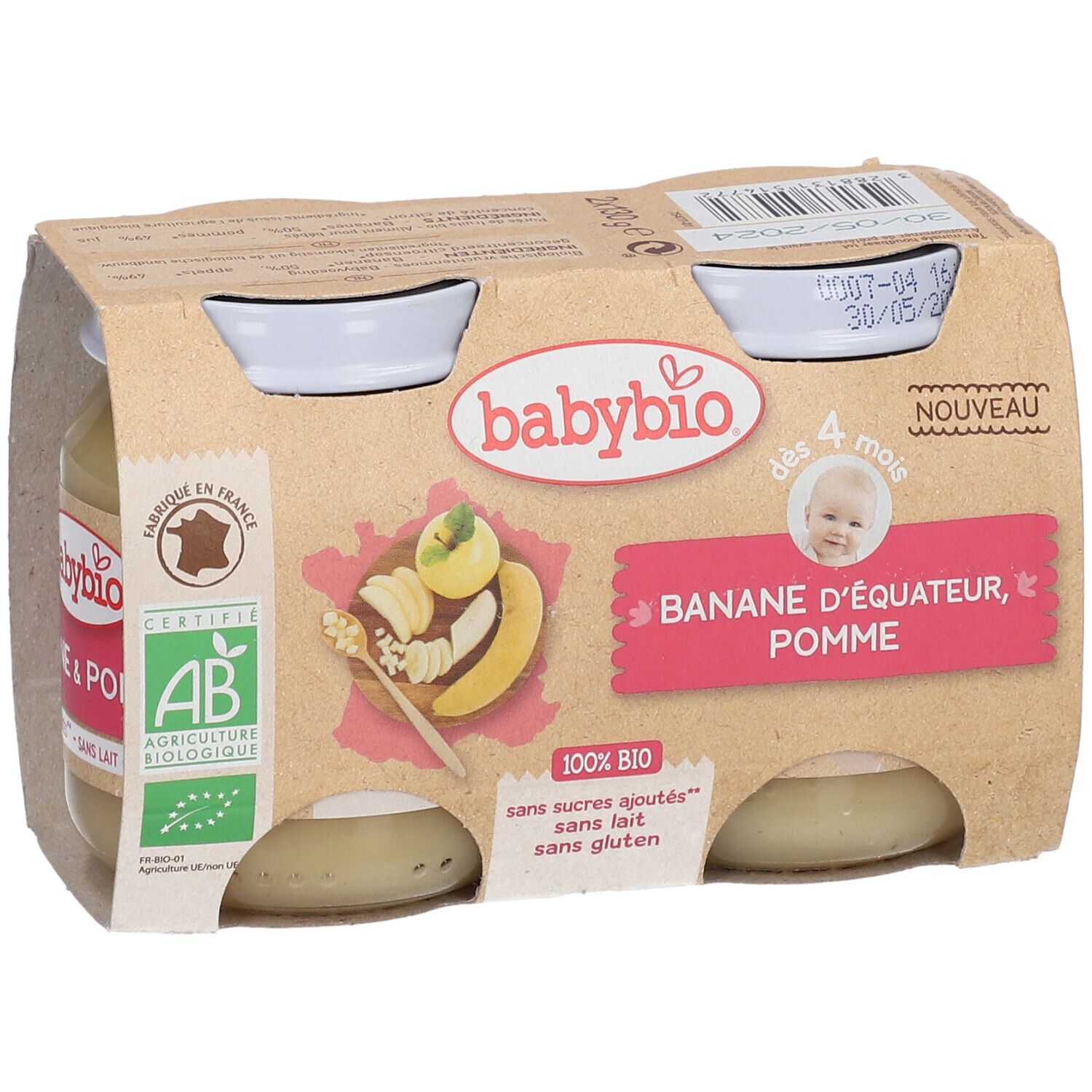Babybio, banaan appel, 4 maanden. Verpakking met 4 potjes. AB bio label. Opschrift: 100% BIO. Zonder toegevoegde suikers, zonder melk, zonder gluten.