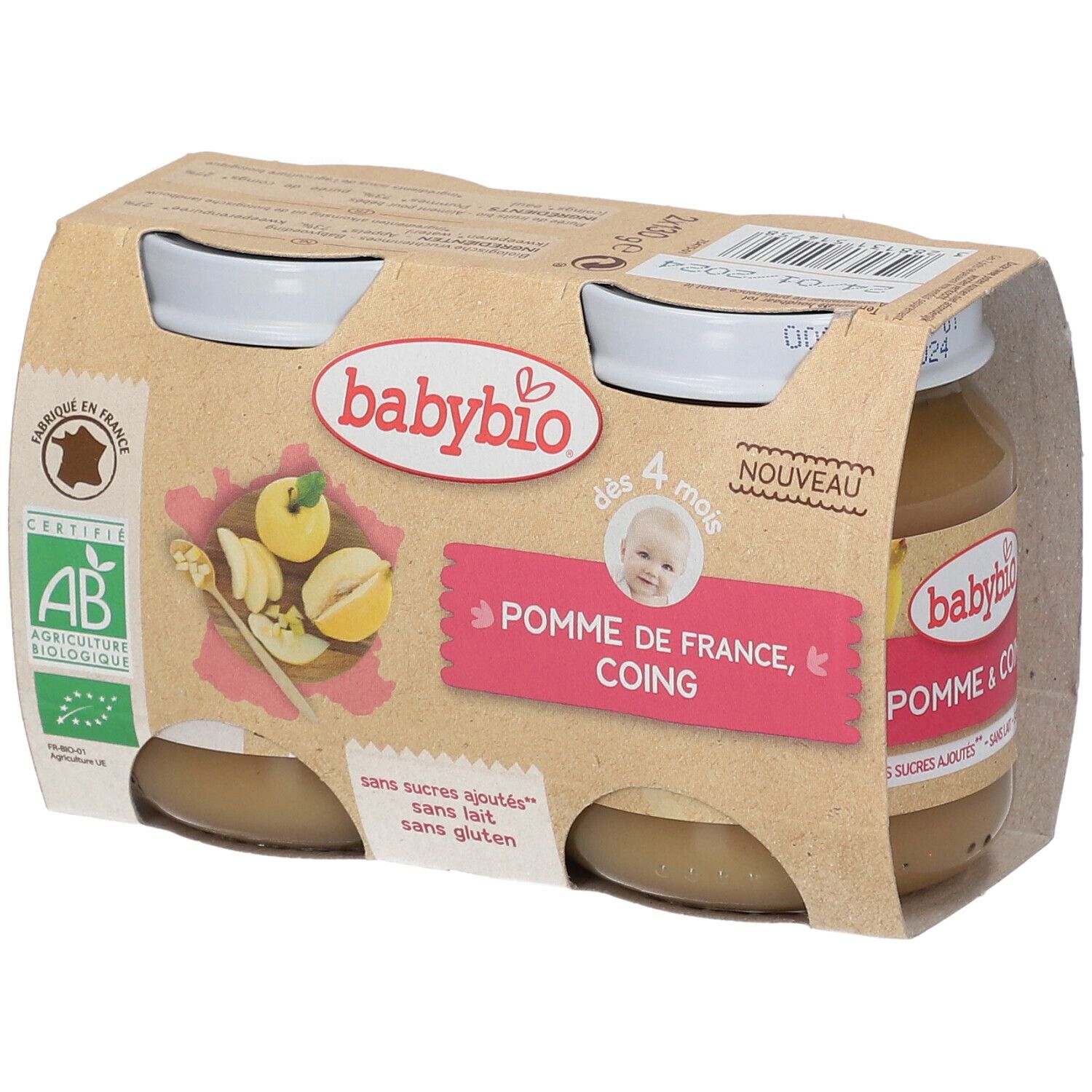 Verpakking met twee potjes Babybio babyvoeding. Opschrift: Pomme de France, Coing. AB bio-certificering.