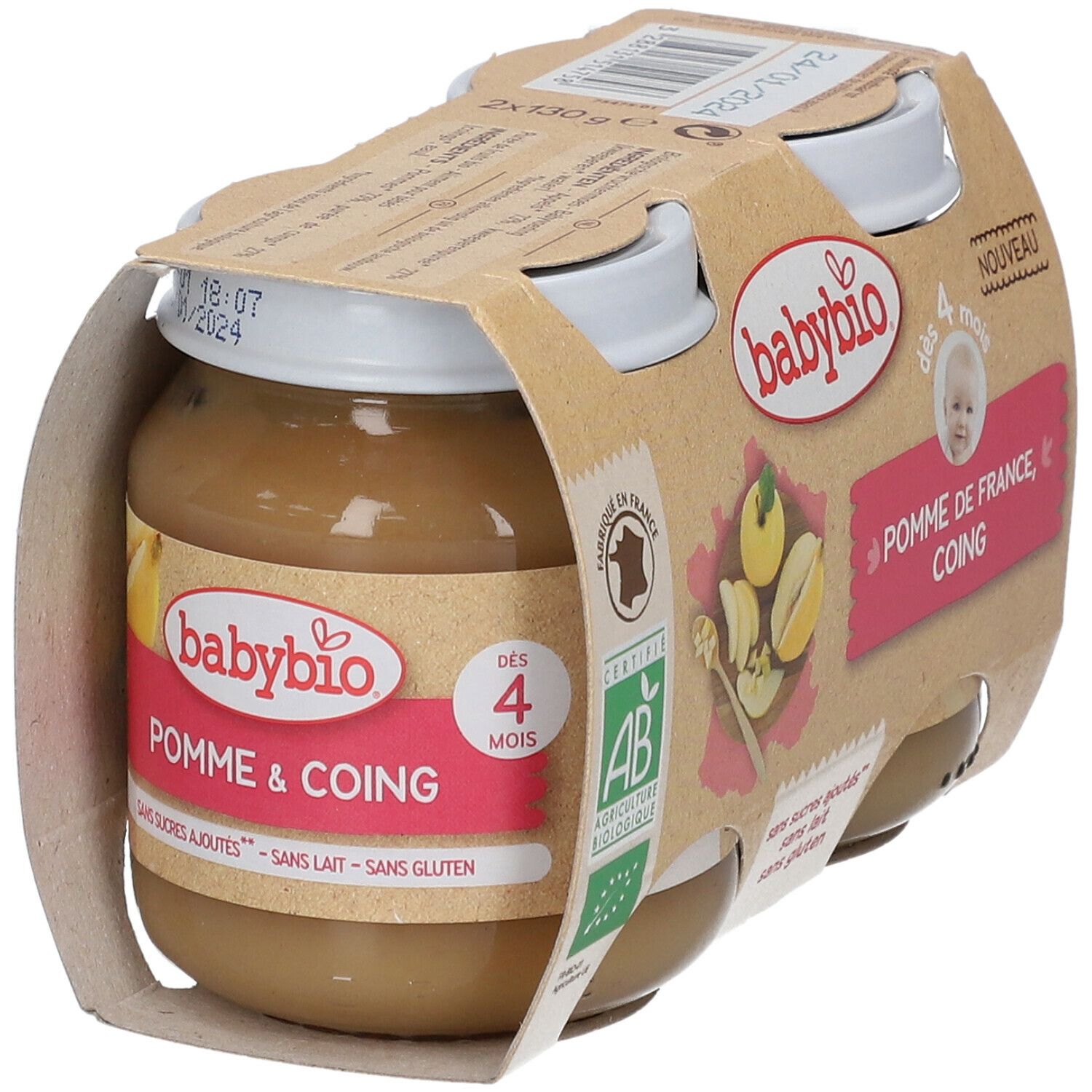 Verpakking met twee potjes Babybio babyvoeding. Opschrift: Pomme & Coing. AB bio-certificering.