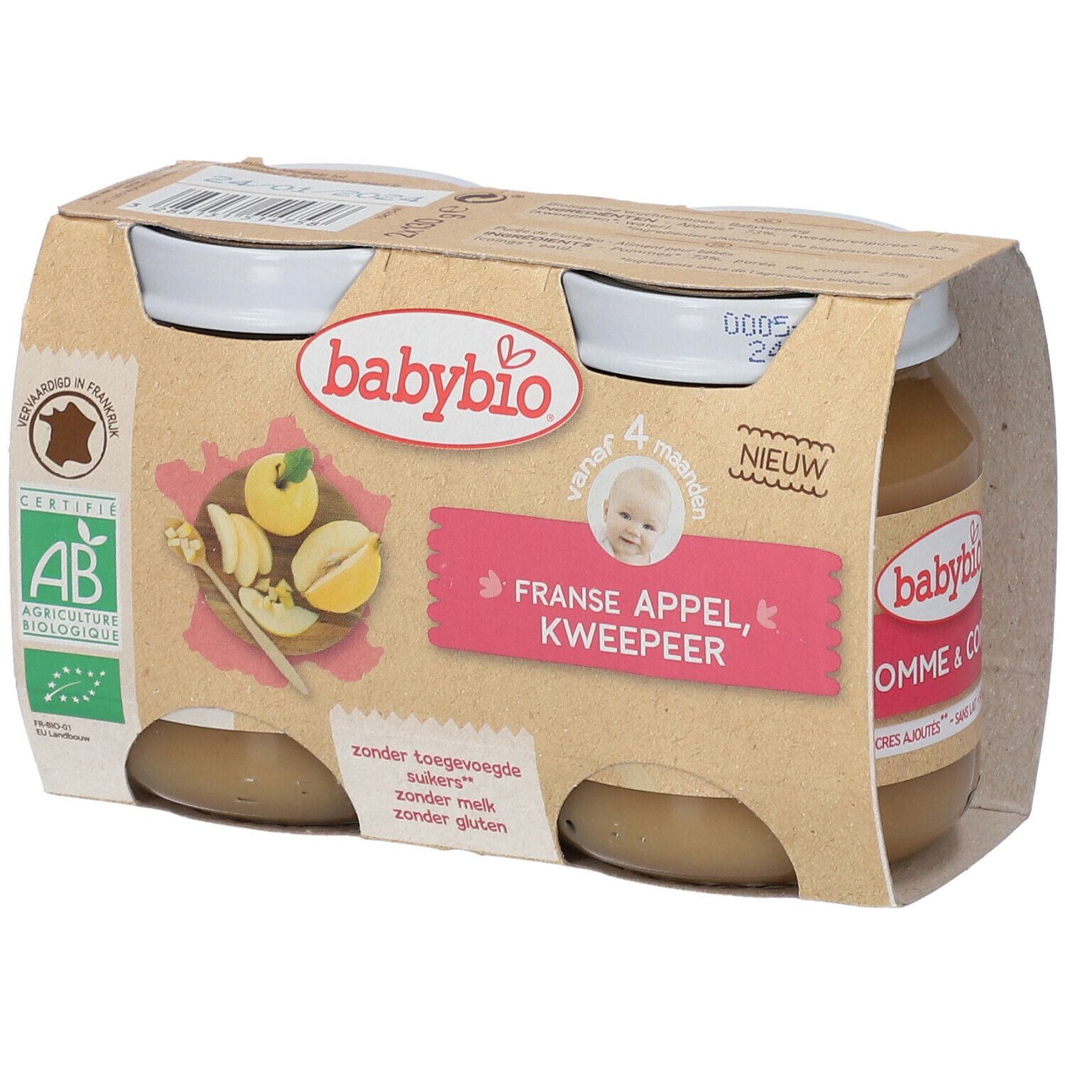 Verpakking met twee potjes Babybio babyvoeding. Opschrift: Franse Appel, Kweepeer. AB bio-certificering.