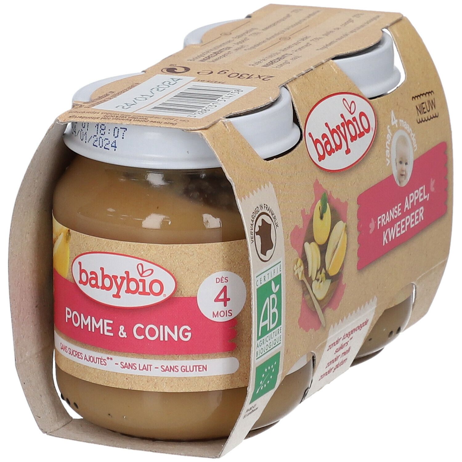 Verpakking met twee potjes Babybio babyvoeding. Opschrift: Pomme & Coing. AB bio-certificering.