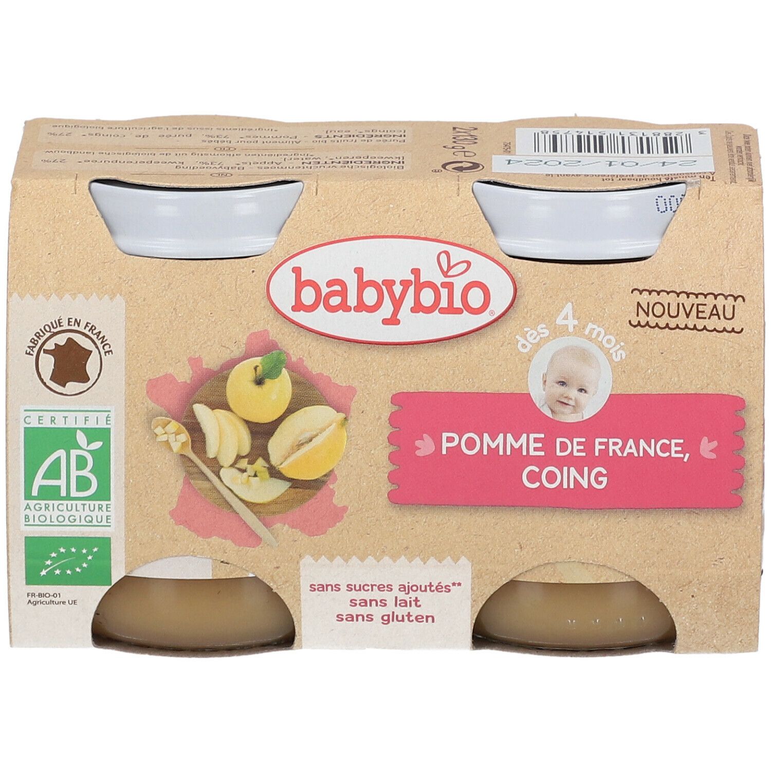 Verpakking met twee potjes Babybio babyvoeding. Opschrift: Pomme de France, Coing. AB bio-certificering.