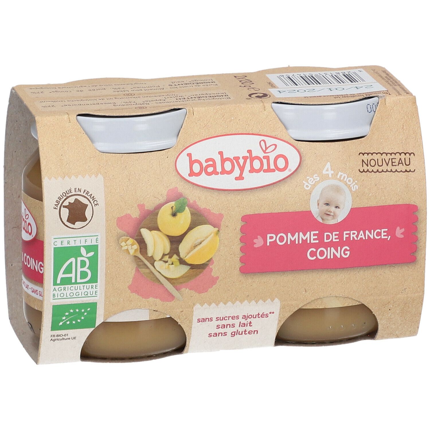Verpakking met twee potjes Babybio babyvoeding. Opschrift: Pomme de France, Coing. AB bio-certificering.