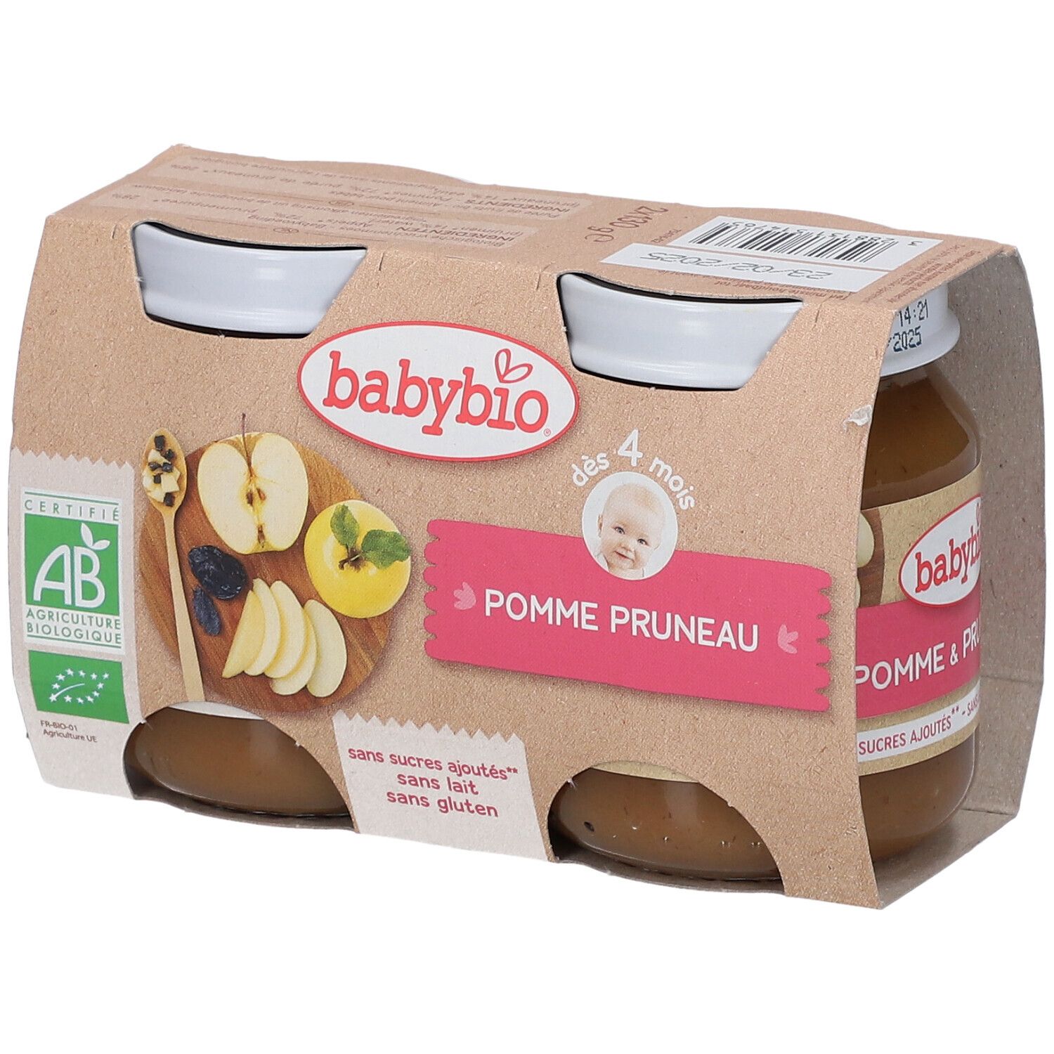 Pack de pots Babybio Pomme Pruneau. Certification bio. Inscription: dès 4 mois. Sans sucres ajoutés, sans lait, sans gluten.