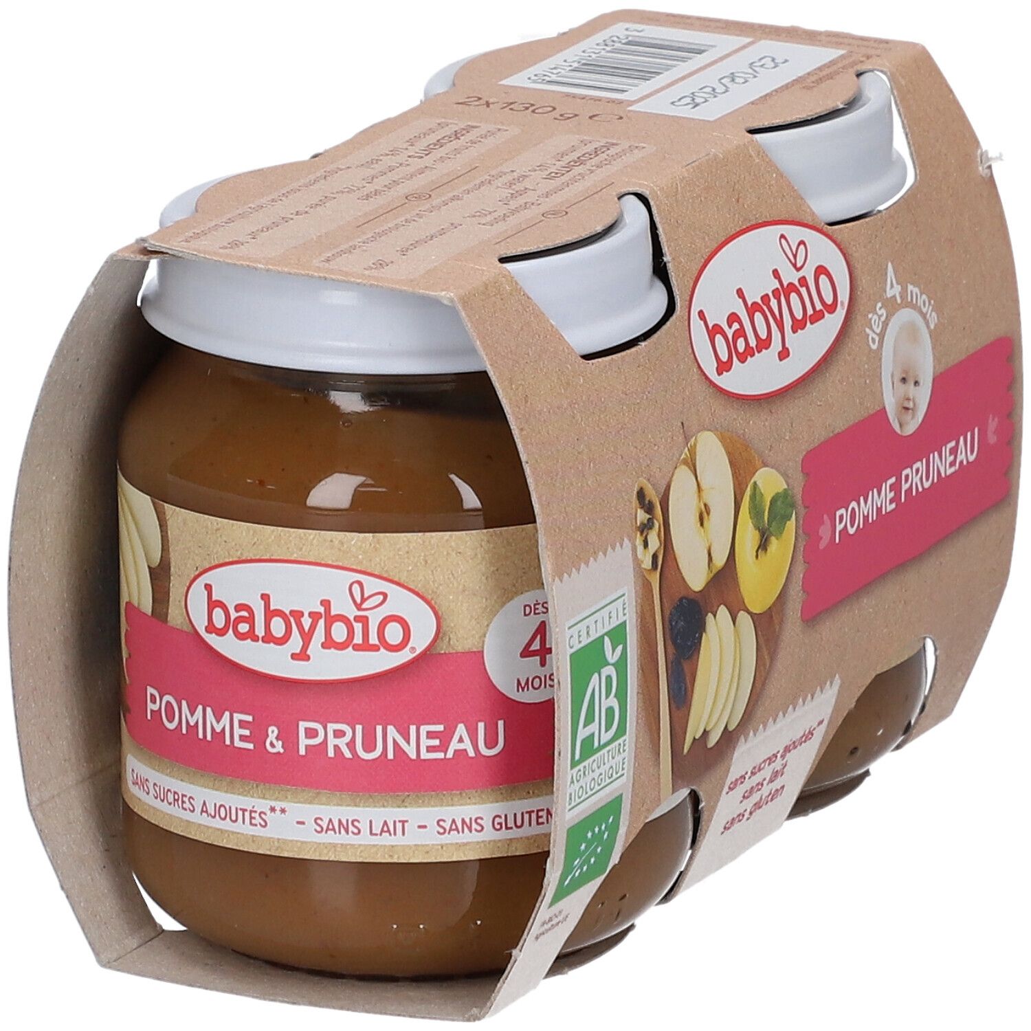 Pack de pots Babybio Pomme Pruneau. Certification bio. Inscription: dès 4 mois. Sans sucres ajoutés, sans lait, sans gluten.